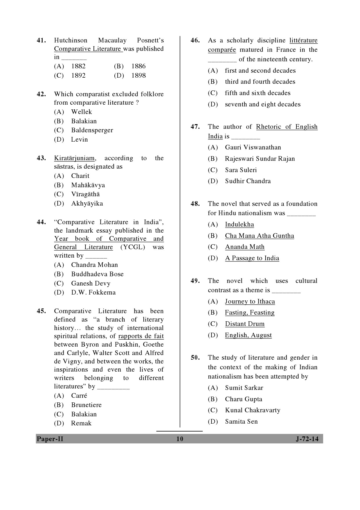 UGC NET Comparative Literature Question Paper II June 2014 10