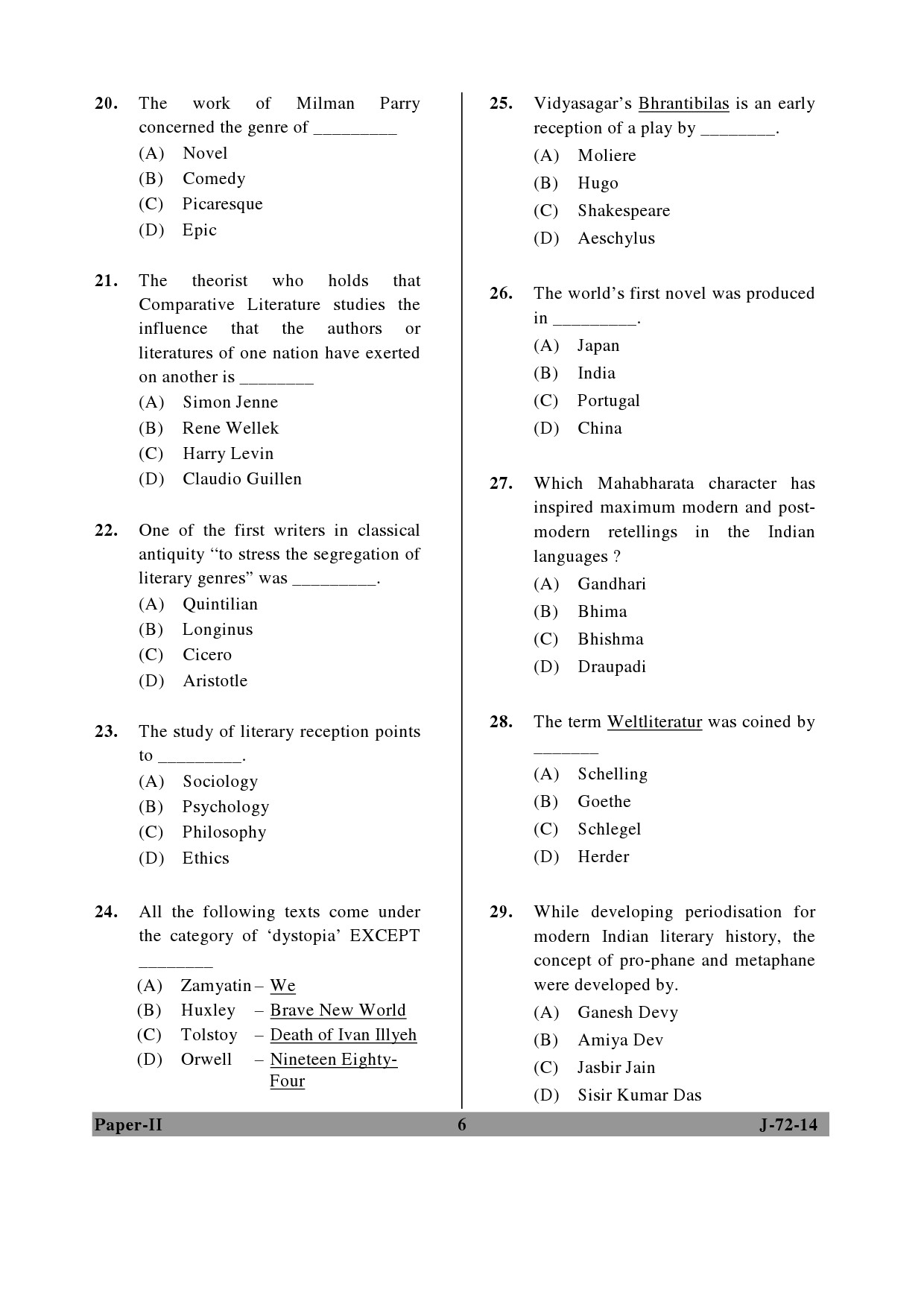 UGC NET Comparative Literature Question Paper II June 2014 6