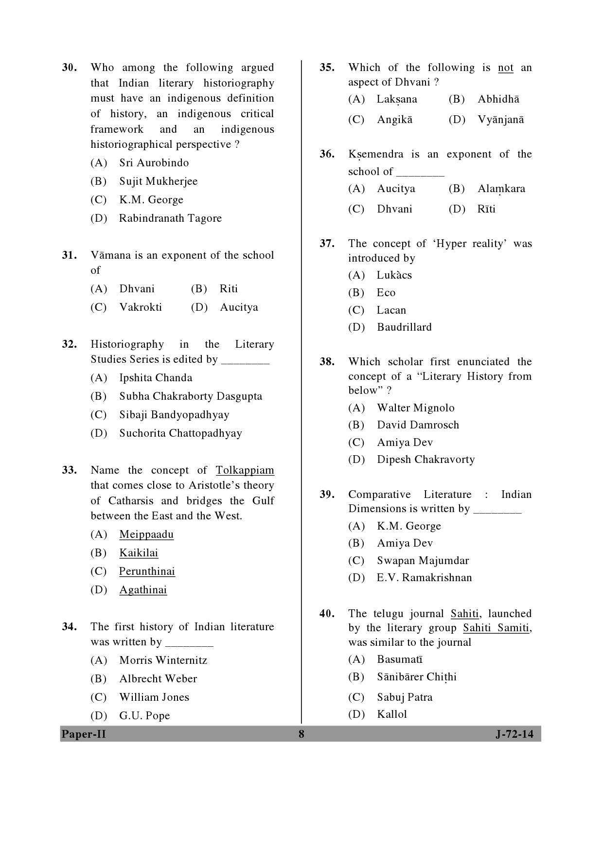 UGC NET Comparative Literature Question Paper II June 2014 8