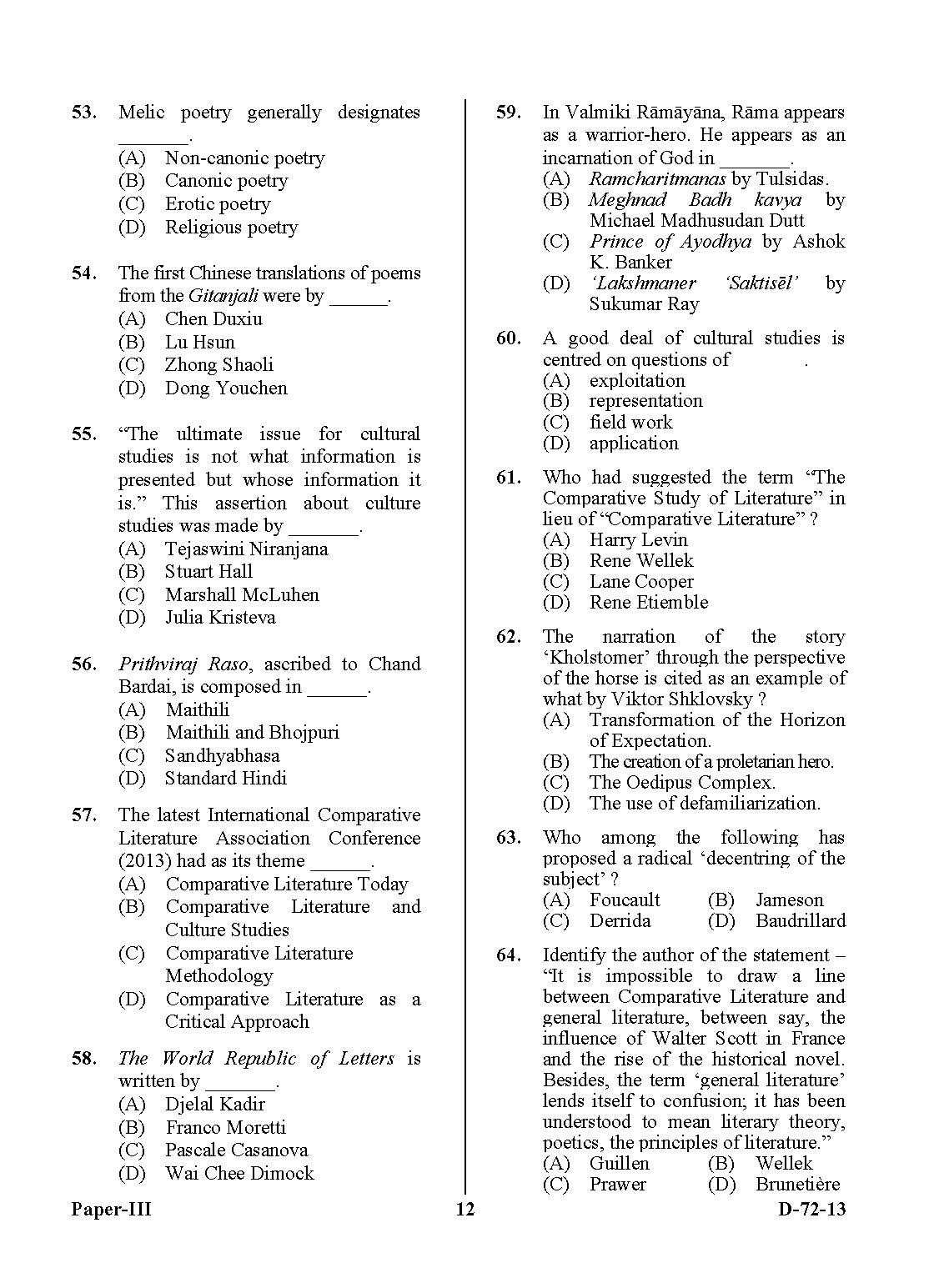 UGC NET Comparative Literature Question Paper III December 2013 12