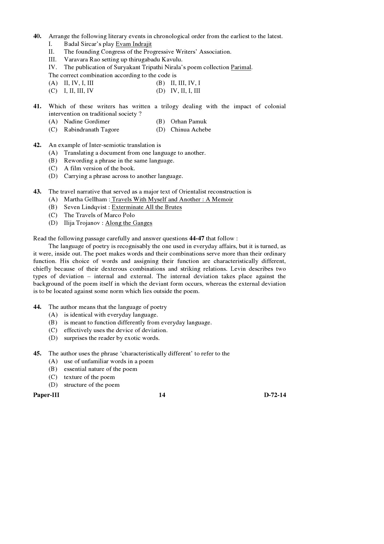 UGC NET Comparative Literature Question Paper III December 2014 14