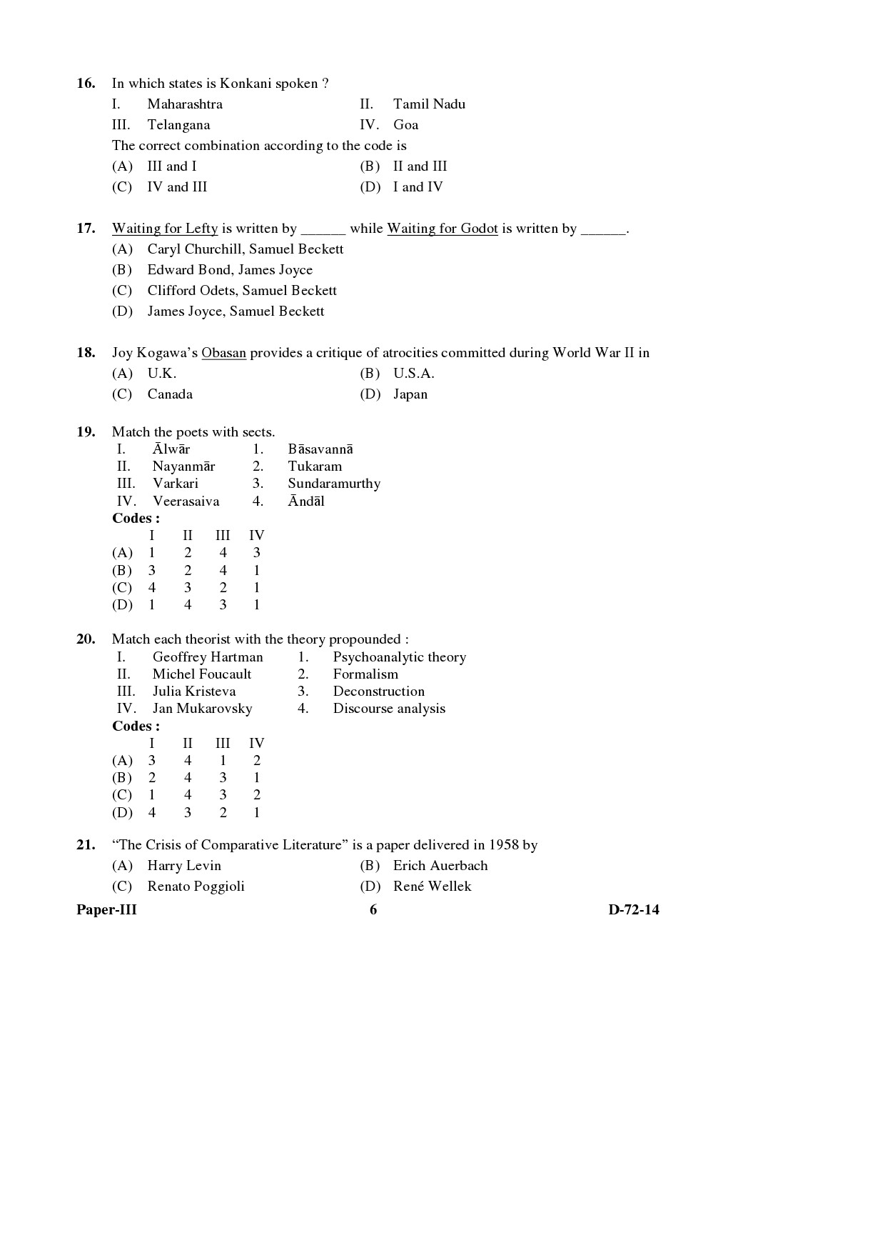 UGC NET Comparative Literature Question Paper III December 2014 6