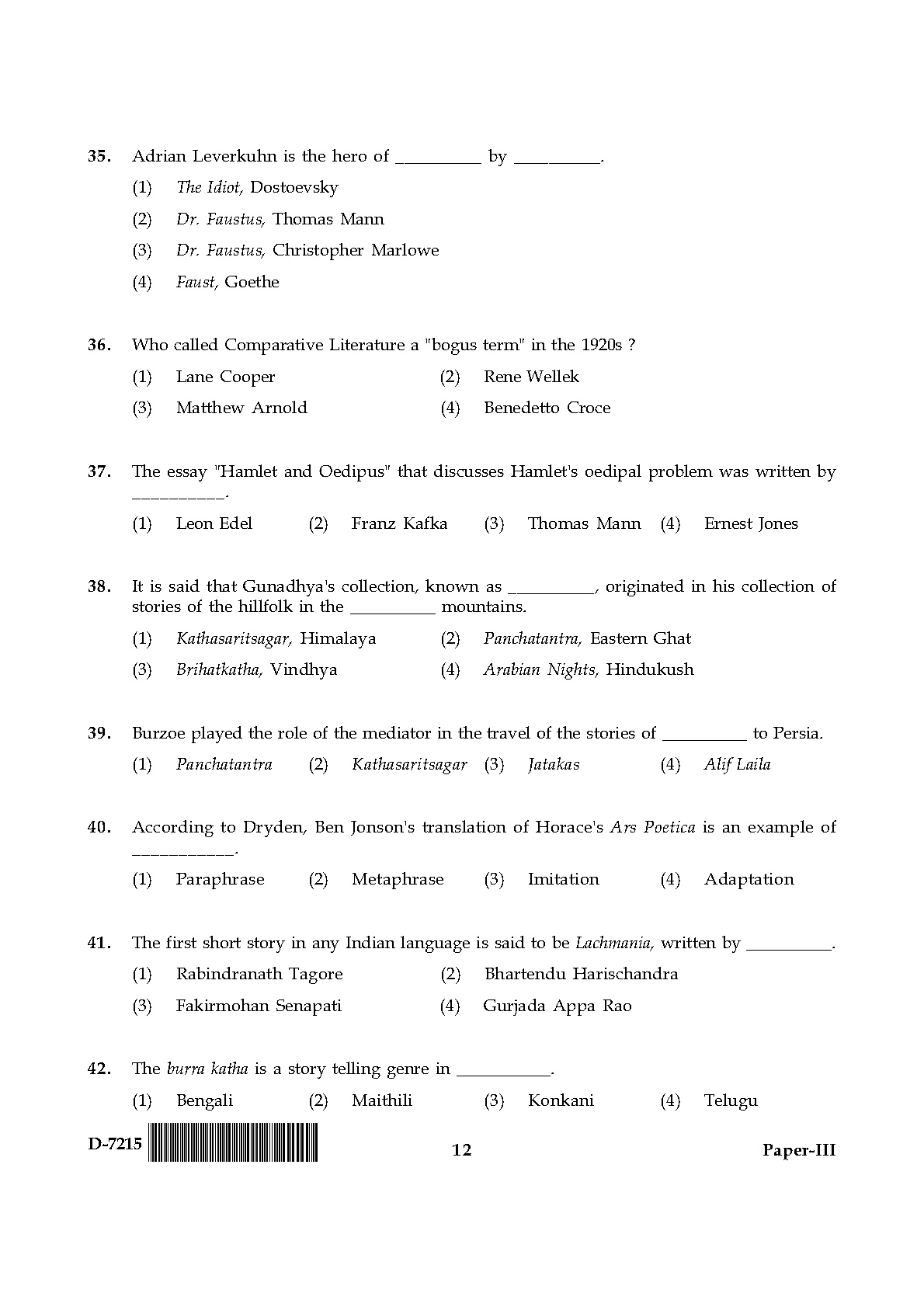 UGC NET Comparative Literature Question Paper III December 2015 12