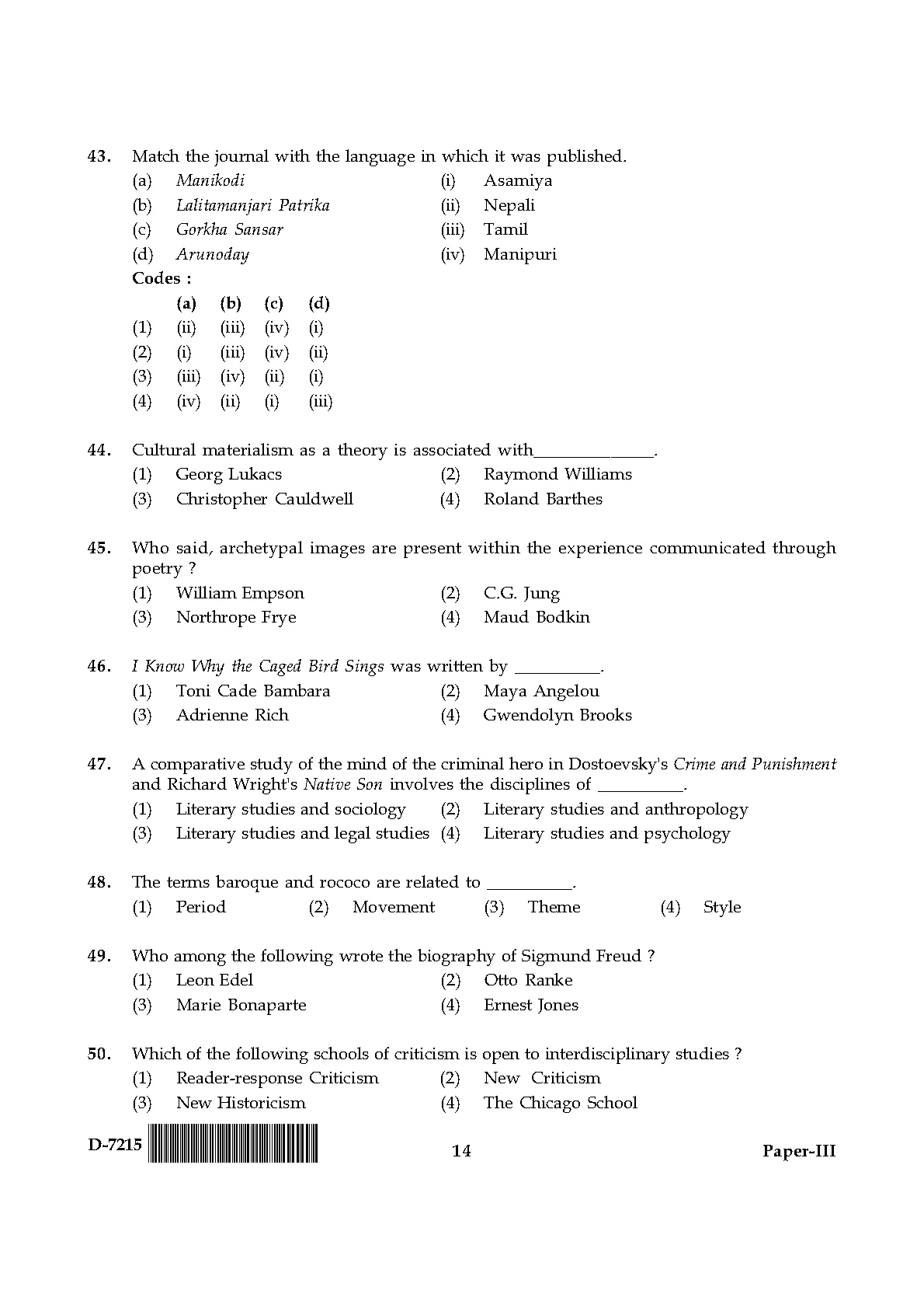 UGC NET Comparative Literature Question Paper III December 2015 14