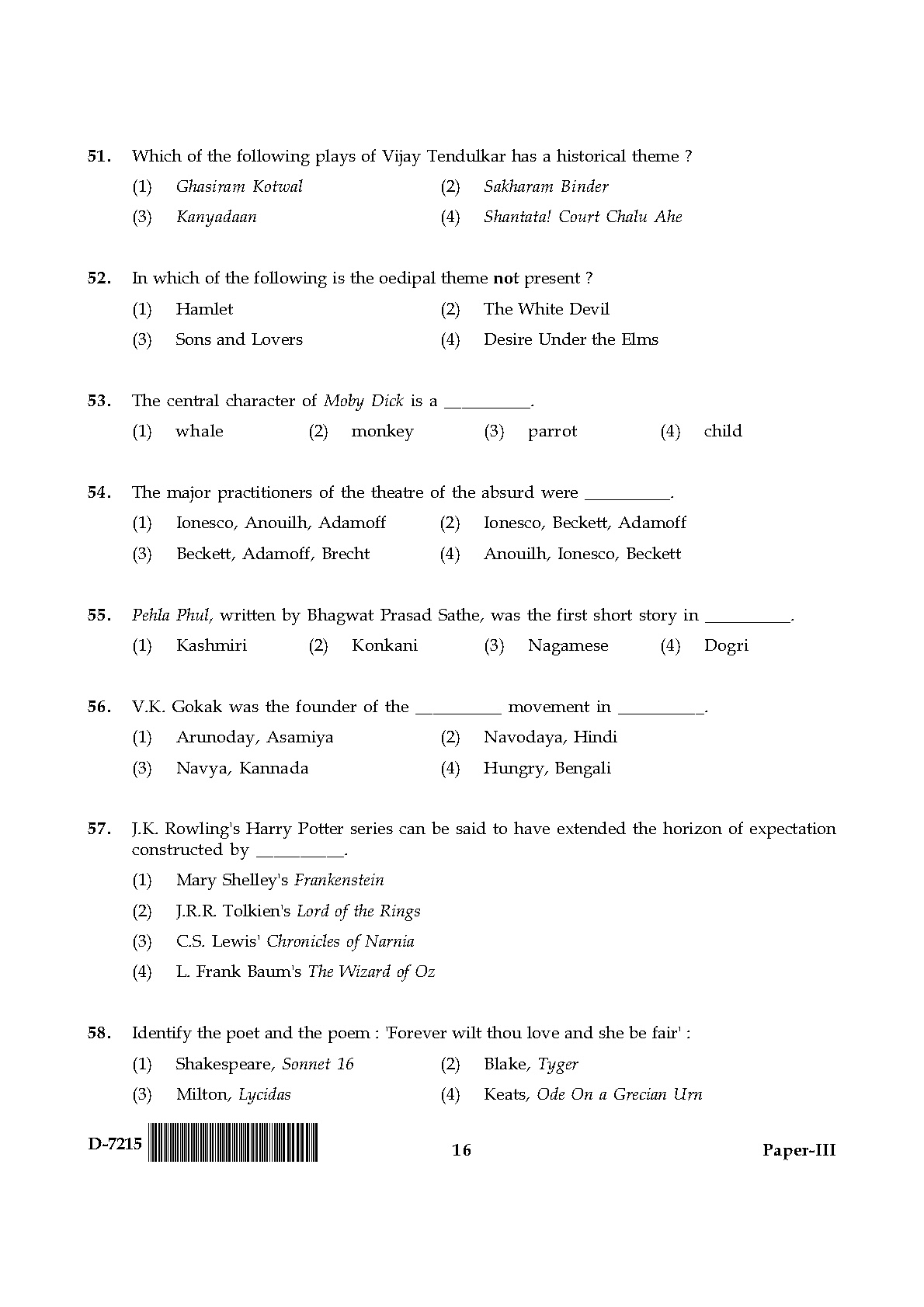 UGC NET Comparative Literature Question Paper III December 2015 16