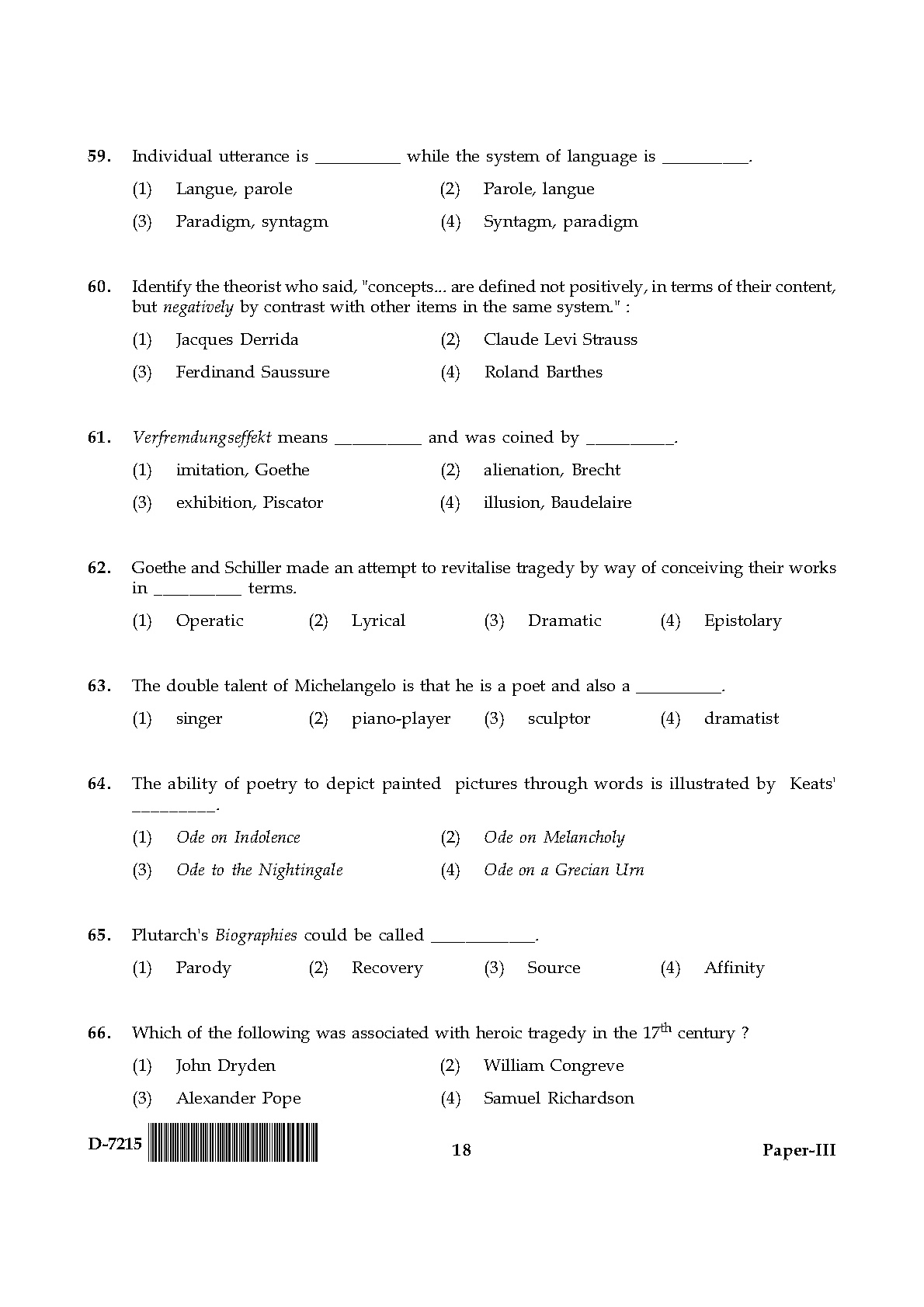 UGC NET Comparative Literature Question Paper III December 2015 18