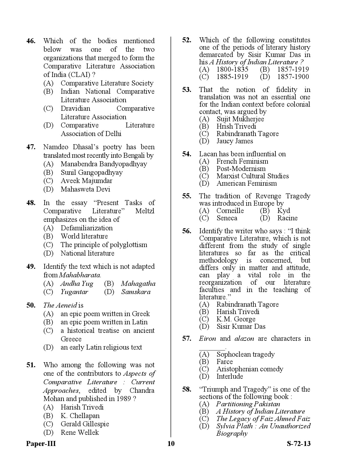 UGC NET Comparative Literature Question Paper III Exam September 2013 10