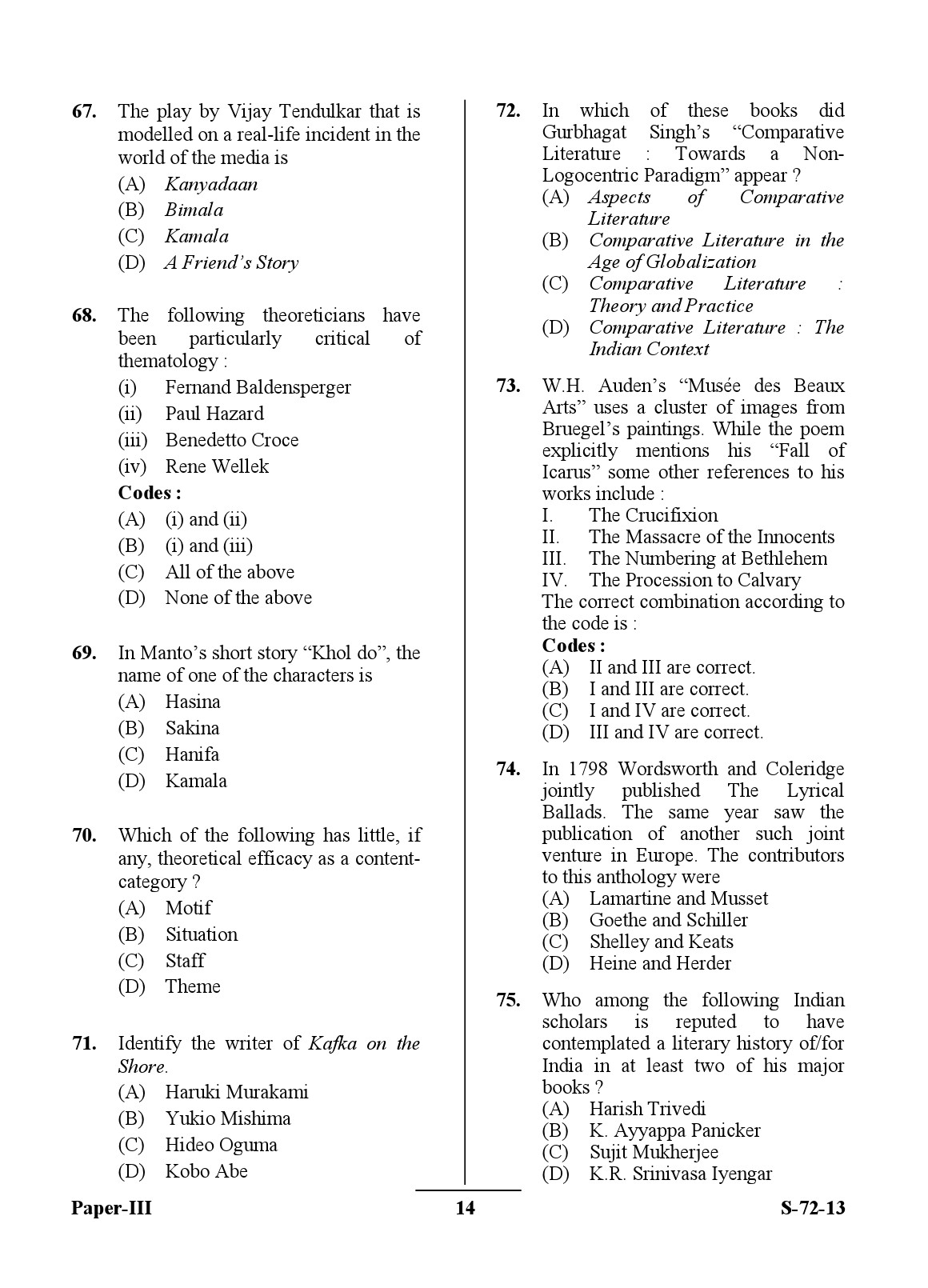 UGC NET Comparative Literature Question Paper III Exam September 2013 14