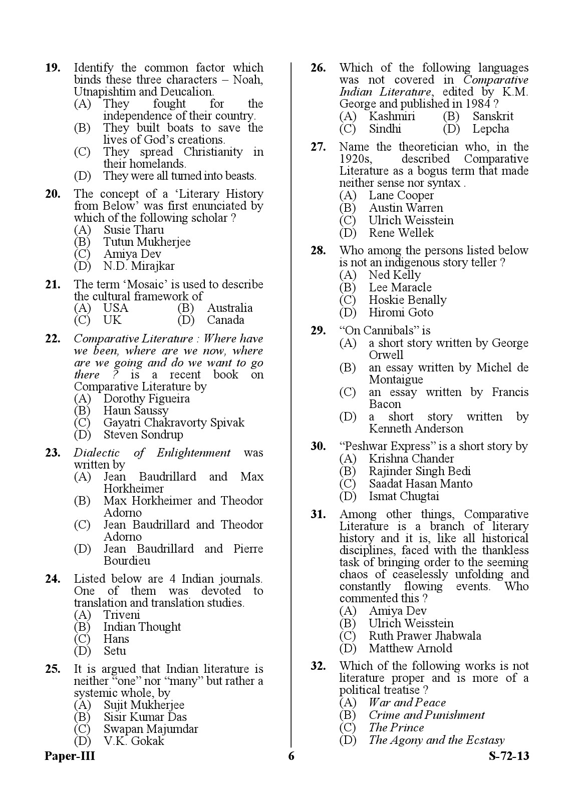 UGC NET Comparative Literature Question Paper III Exam September 2013 6