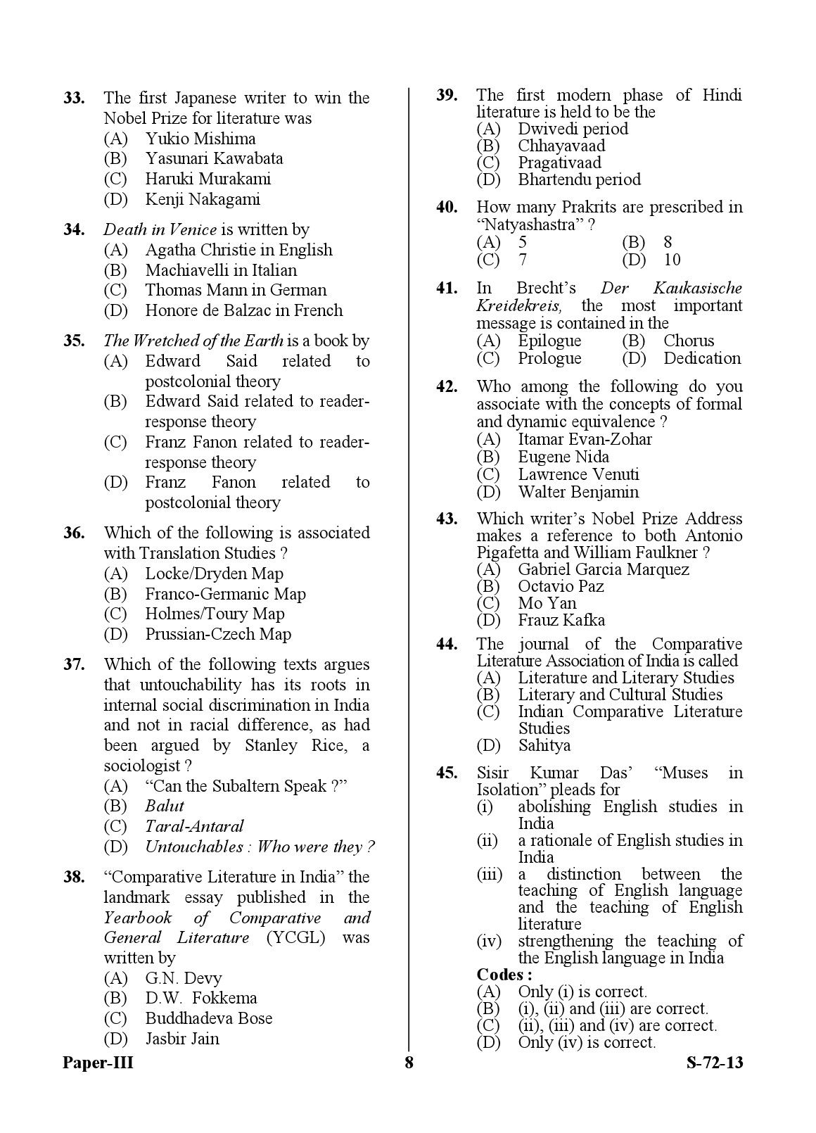 UGC NET Comparative Literature Question Paper III Exam September 2013 8