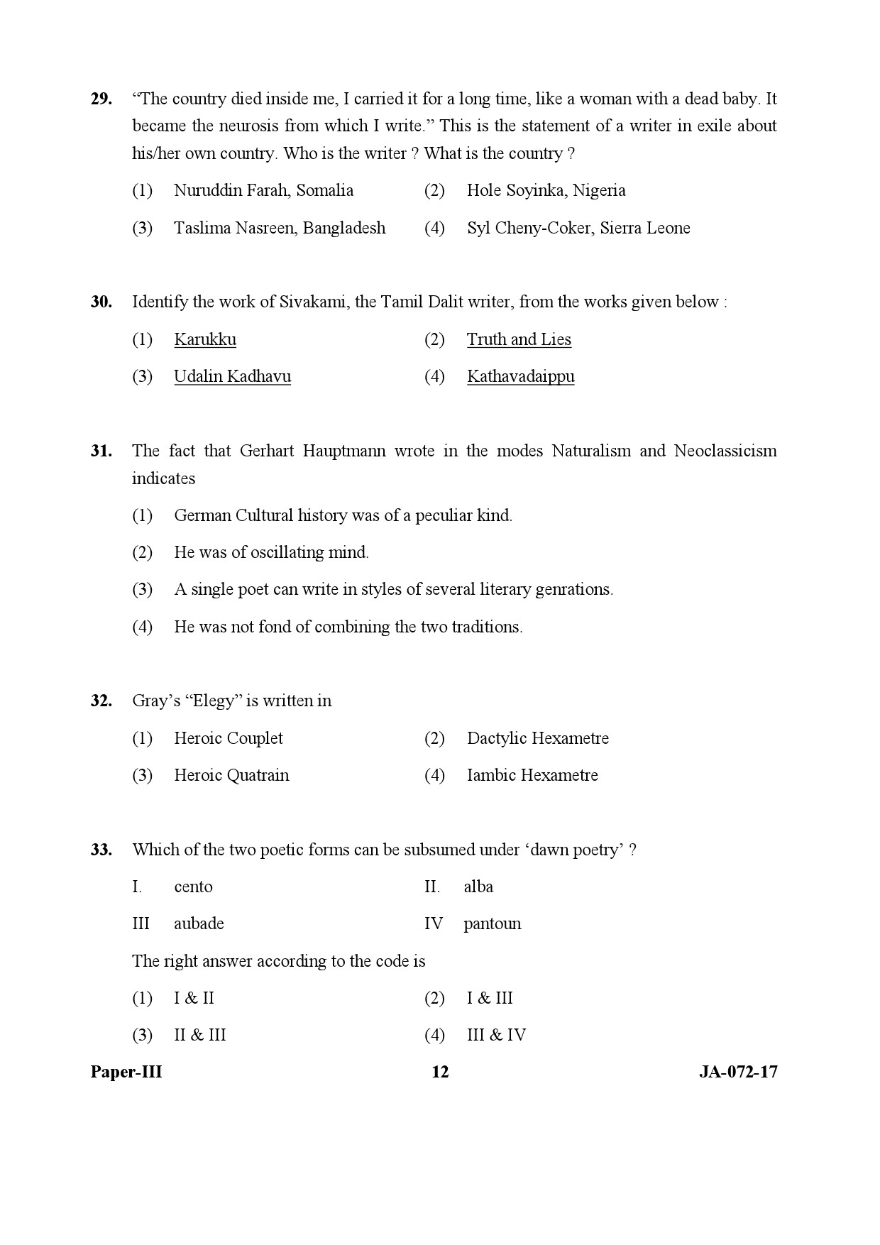 UGC NET Comparative Literature Question Paper III January 2017 12