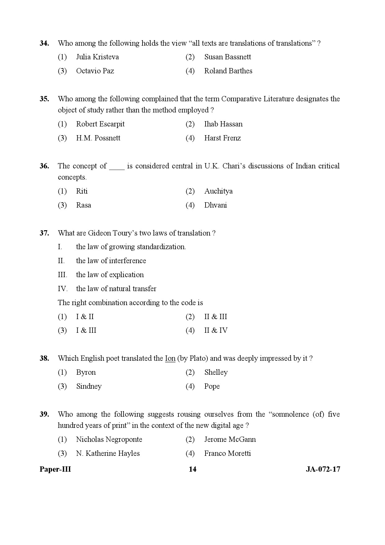 UGC NET Comparative Literature Question Paper III January 2017 14