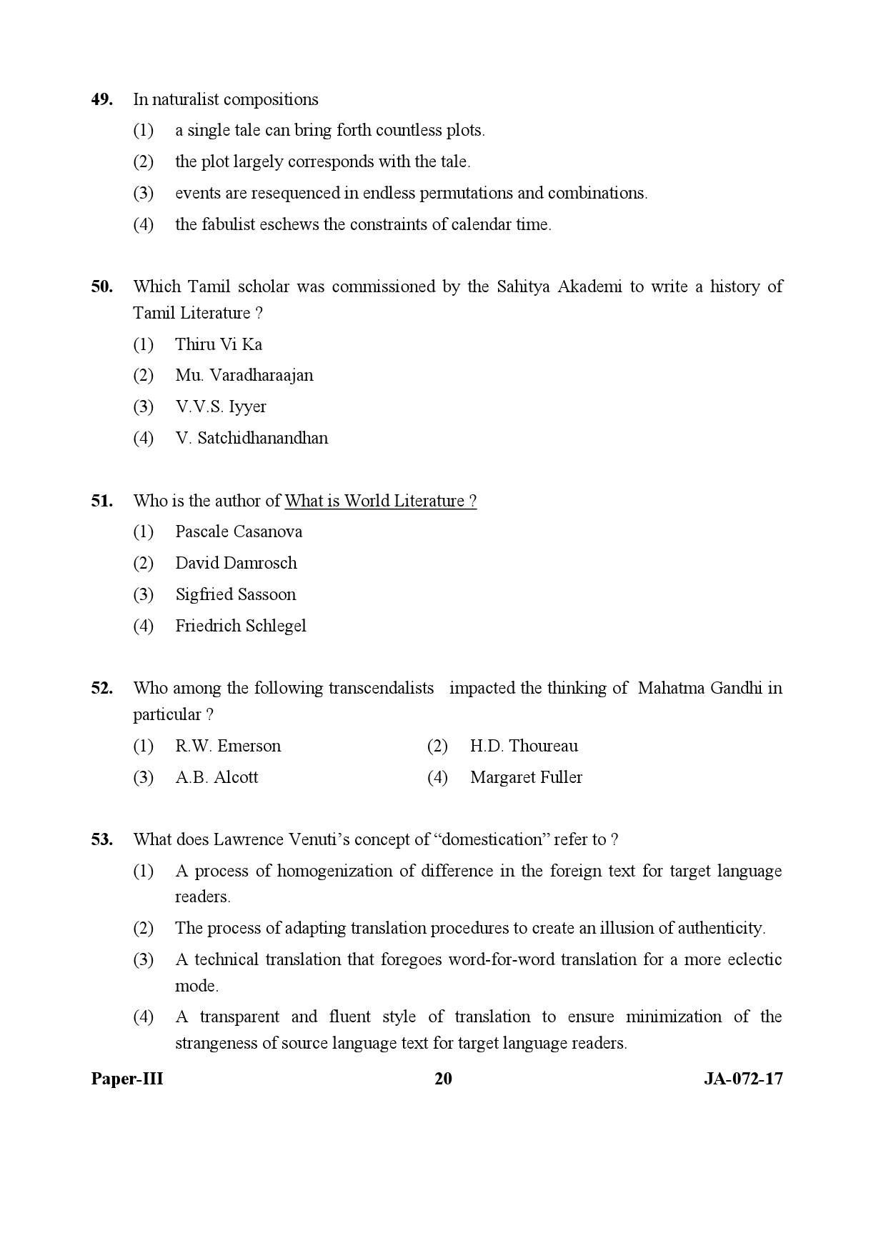 UGC NET Comparative Literature Question Paper III January 2017 20