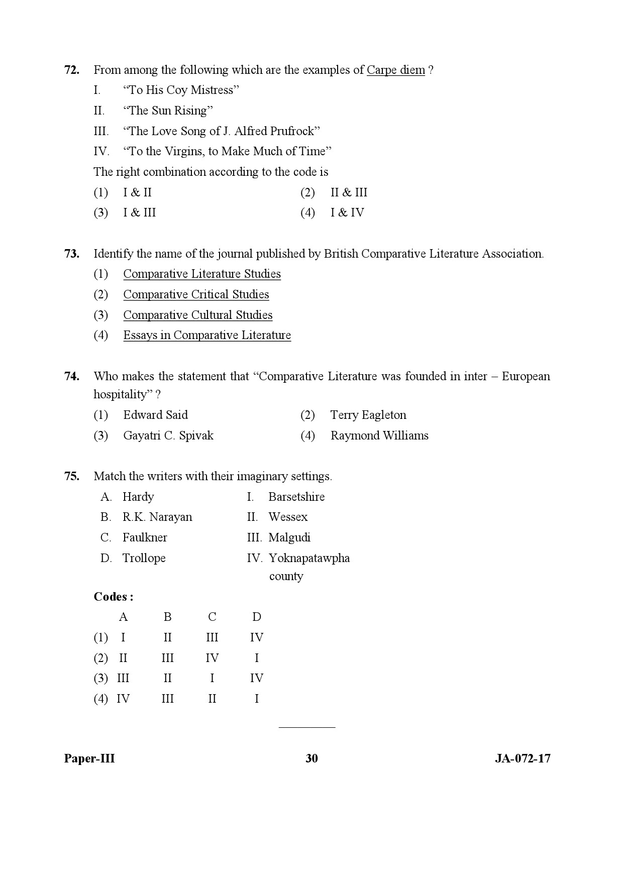 UGC NET Comparative Literature Question Paper III January 2017 30