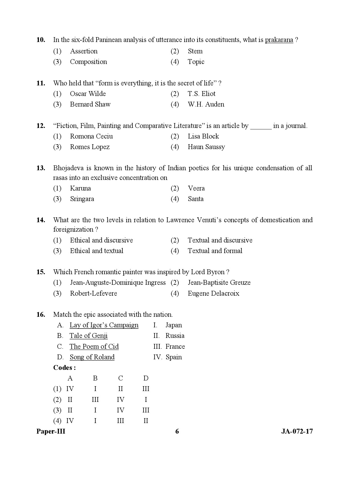 UGC NET Comparative Literature Question Paper III January 2017 6