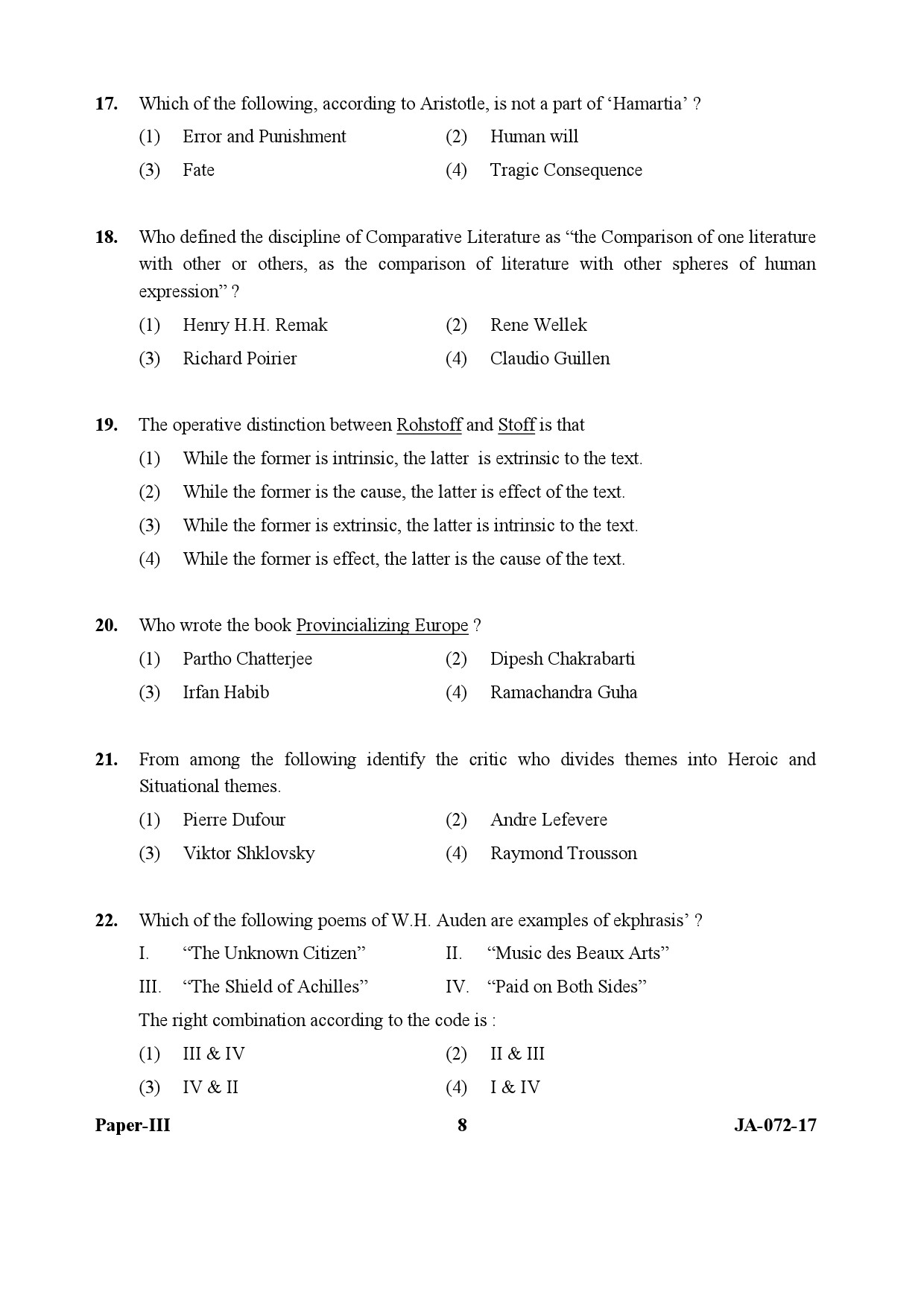 UGC NET Comparative Literature Question Paper III January 2017 8