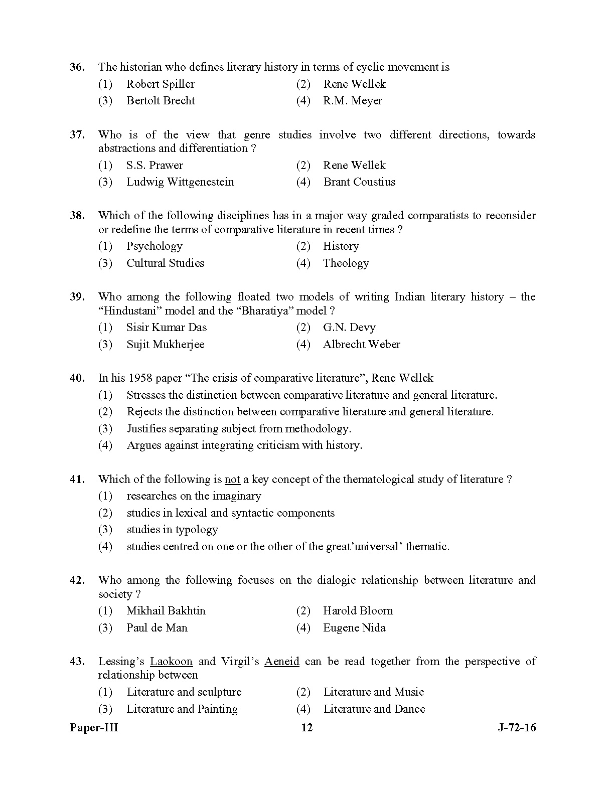 UGC NET Comparative Literature Question Paper III July 2016 12