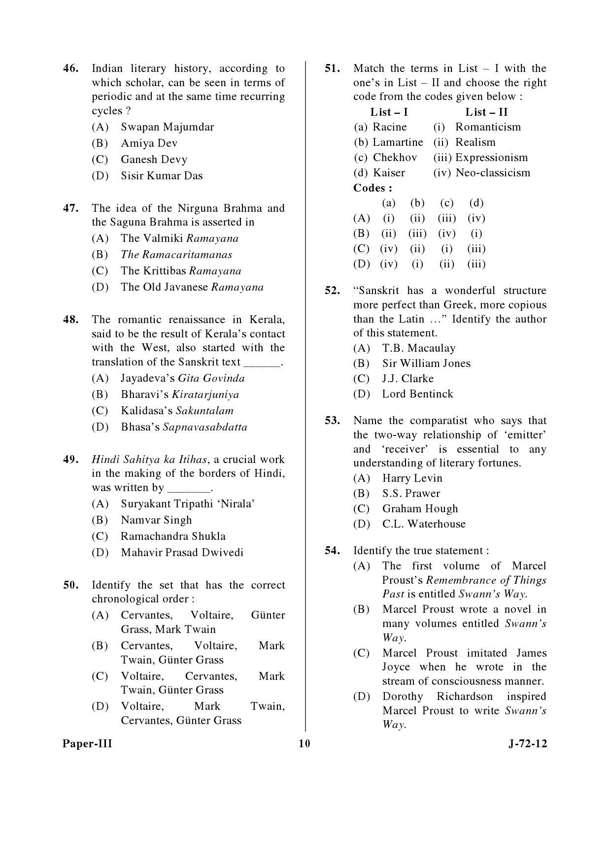 UGC NET Comparative Literature Question Paper III June 2012 10