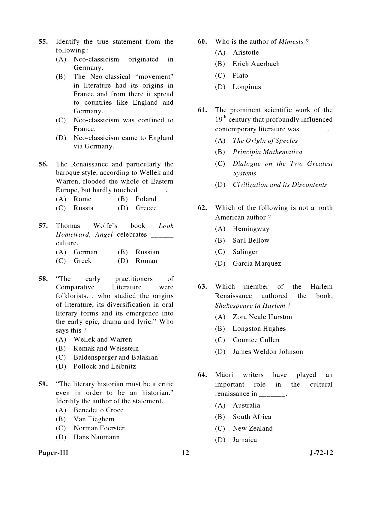 UGC NET Comparative Literature Question Paper III June 2012 12