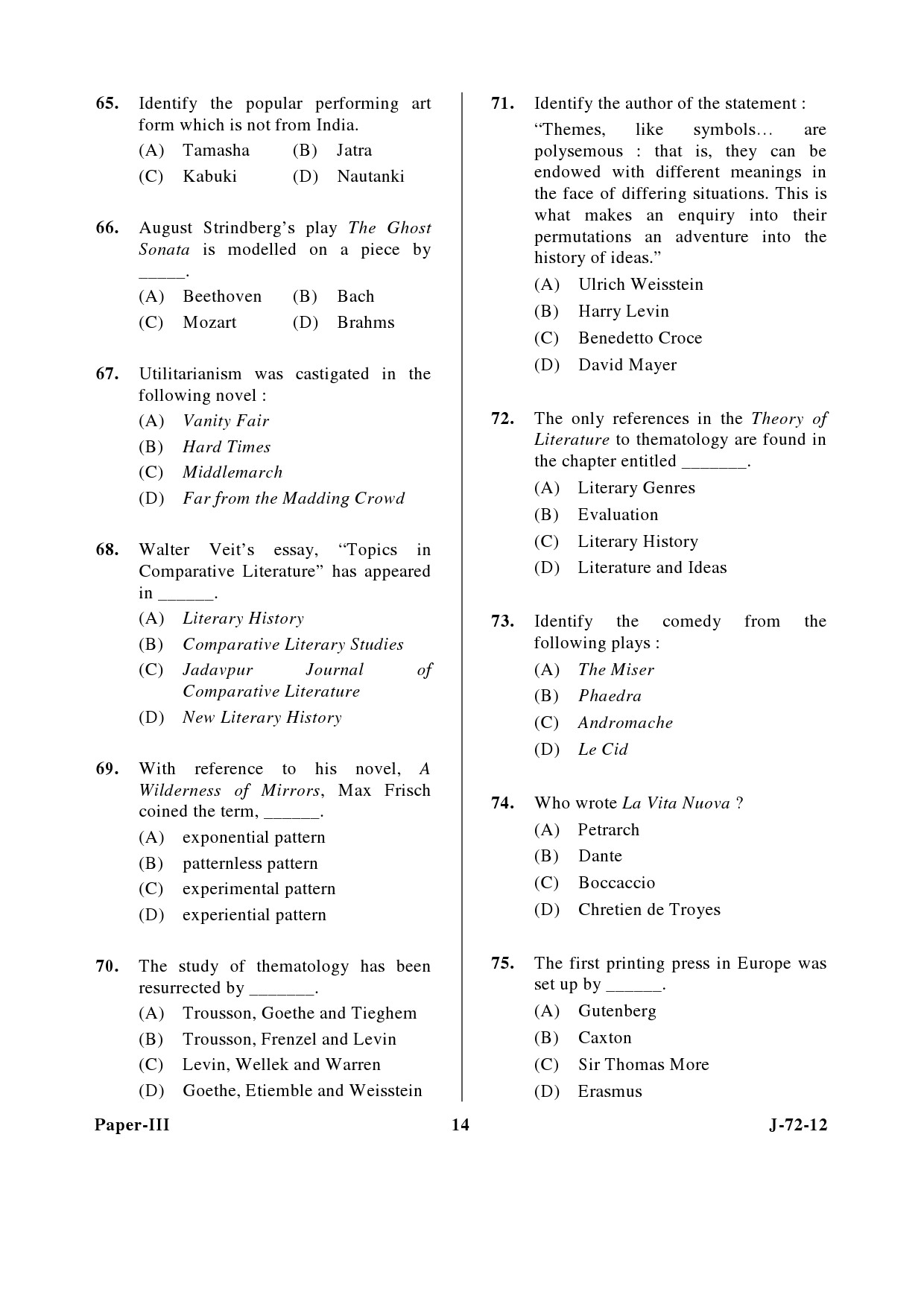 UGC NET Comparative Literature Question Paper III June 2012 14