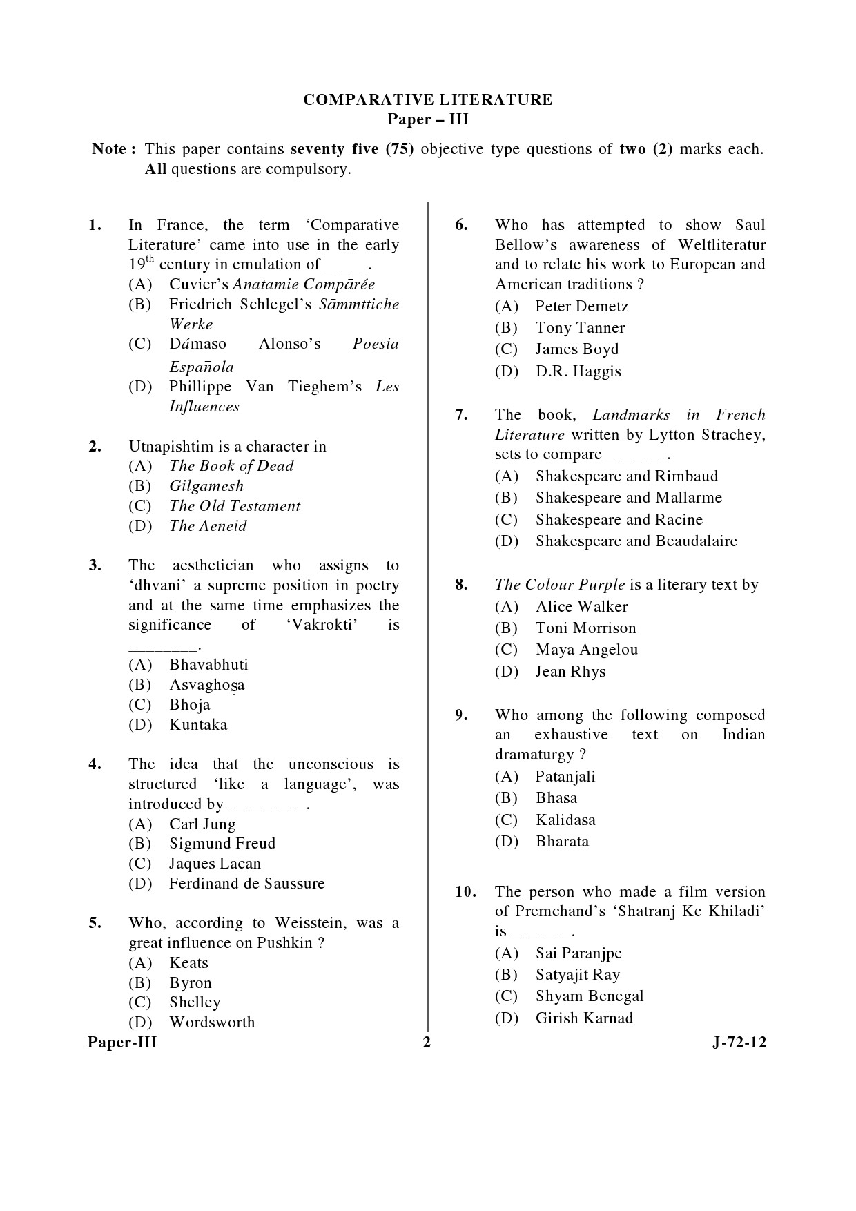 UGC NET Comparative Literature Question Paper III June 2012 2