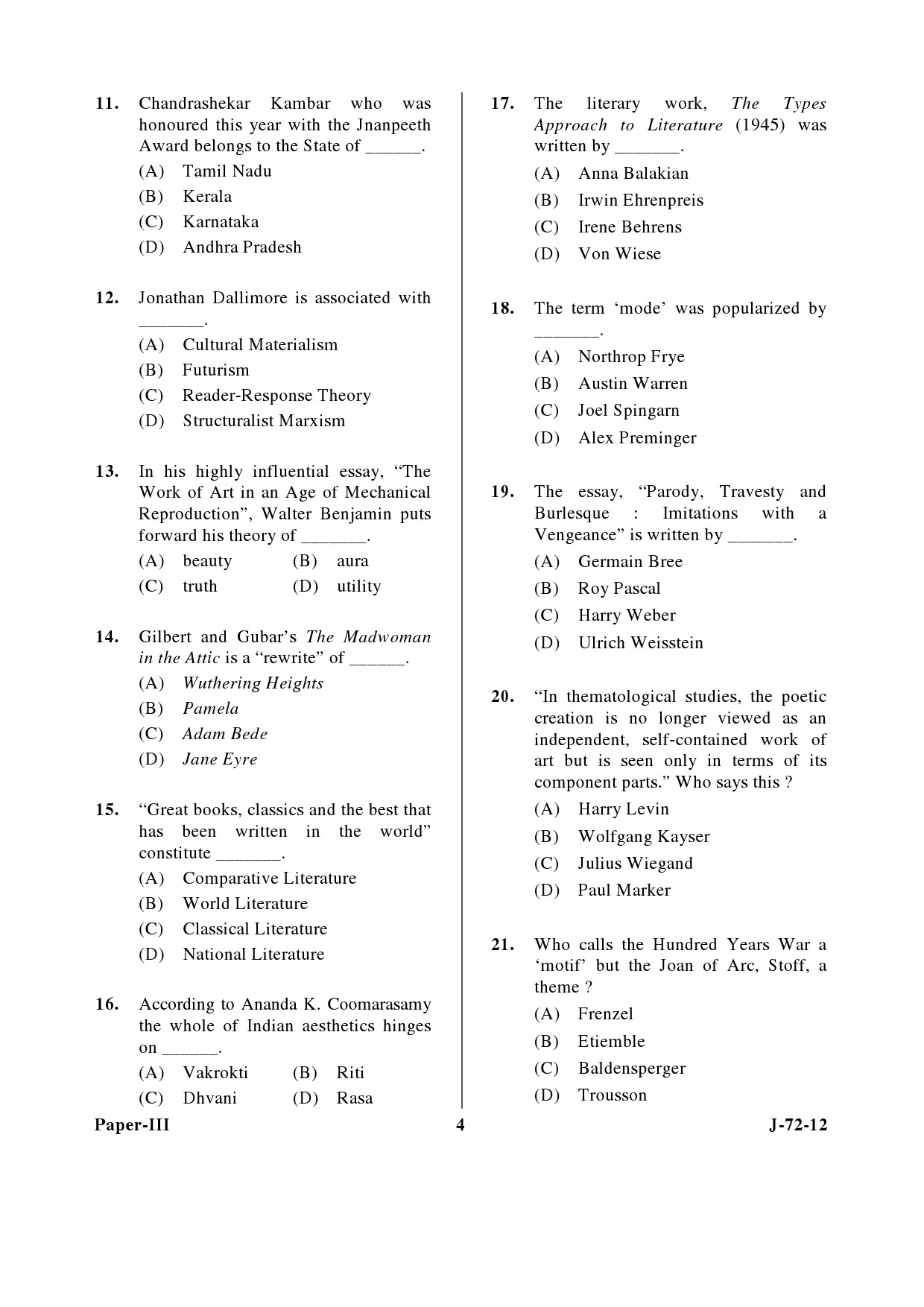 UGC NET Comparative Literature Question Paper III June 2012 4