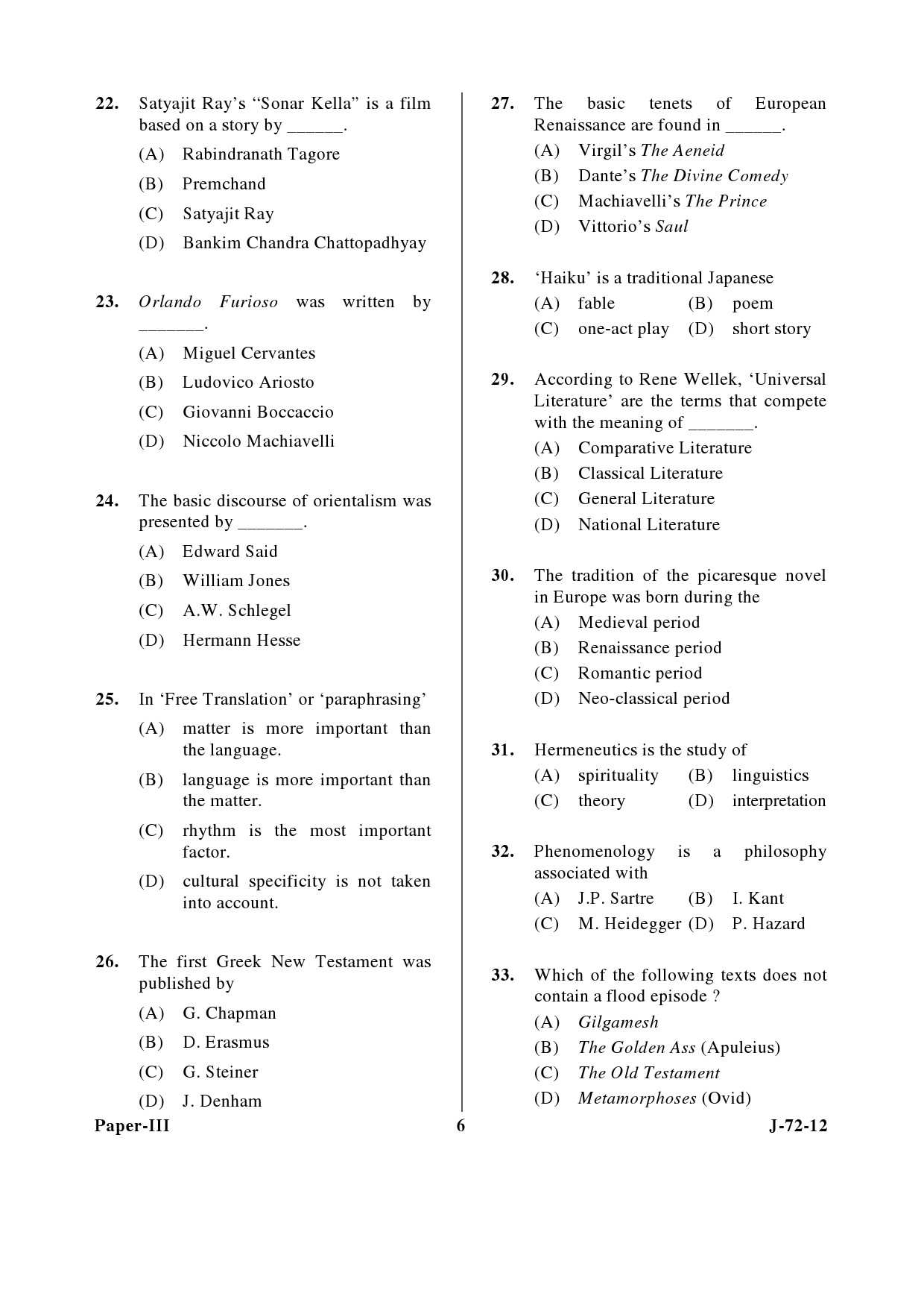 UGC NET Comparative Literature Question Paper III June 2012 6