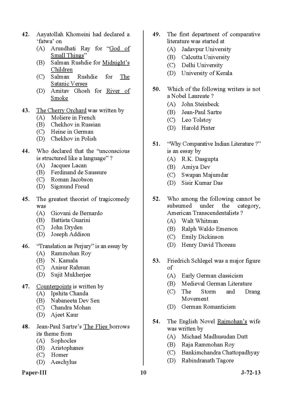 UGC NET Comparative Literature Question Paper III June 2013 10