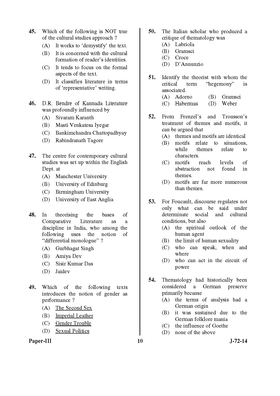 UGC NET Comparative Literature Question Paper III June 2014 10