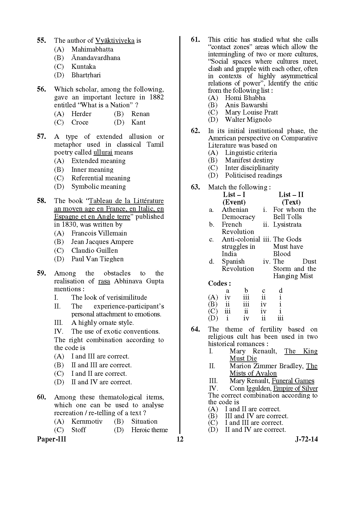 UGC NET Comparative Literature Question Paper III June 2014 12