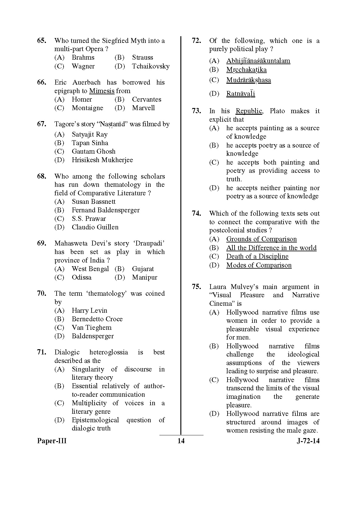 UGC NET Comparative Literature Question Paper III June 2014 14