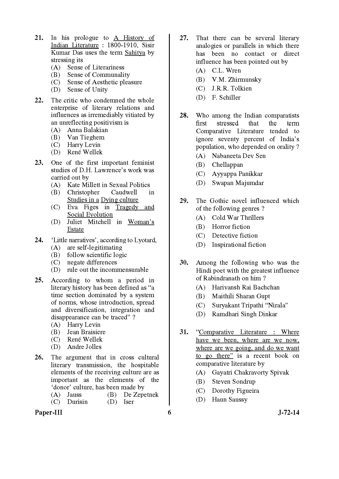 UGC NET Comparative Literature Question Paper III June 2014 6