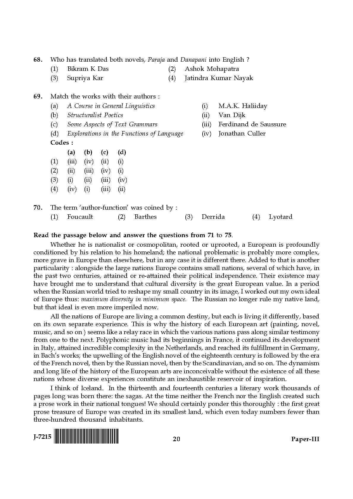 UGC NET Comparative Literature Question Paper III June 2015 20