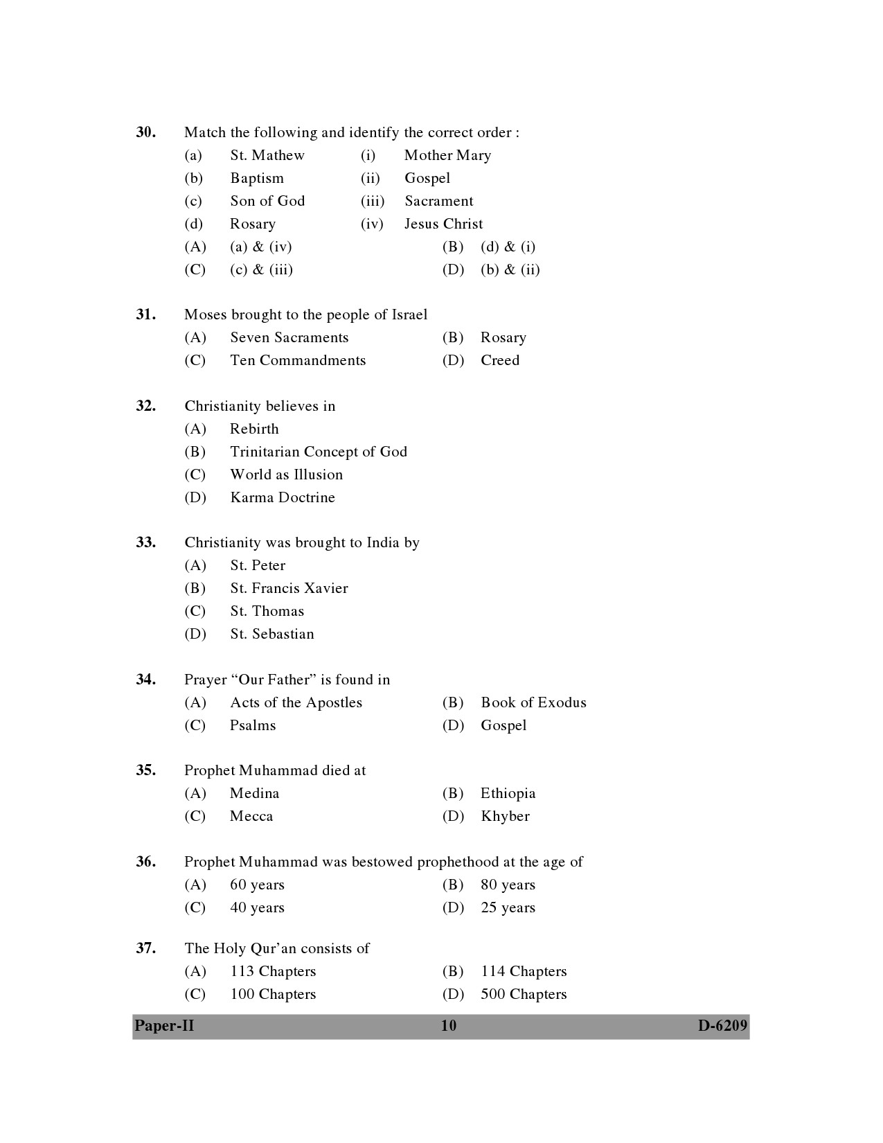 UGC NET Comparative Study of Religions Question Paper II December 2009 10