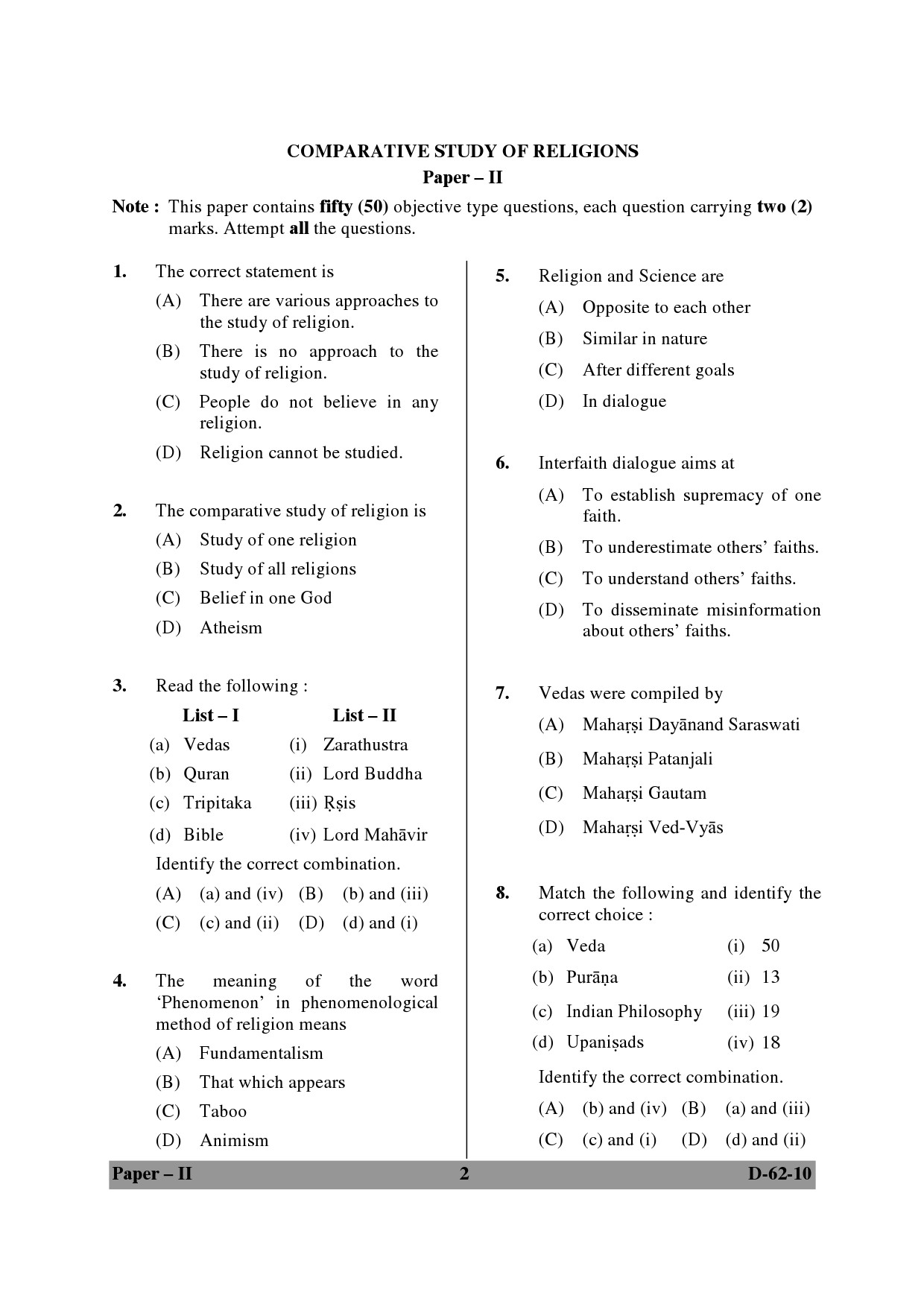 UGC NET Comparative Study of Religions Question Paper II December 2010 2