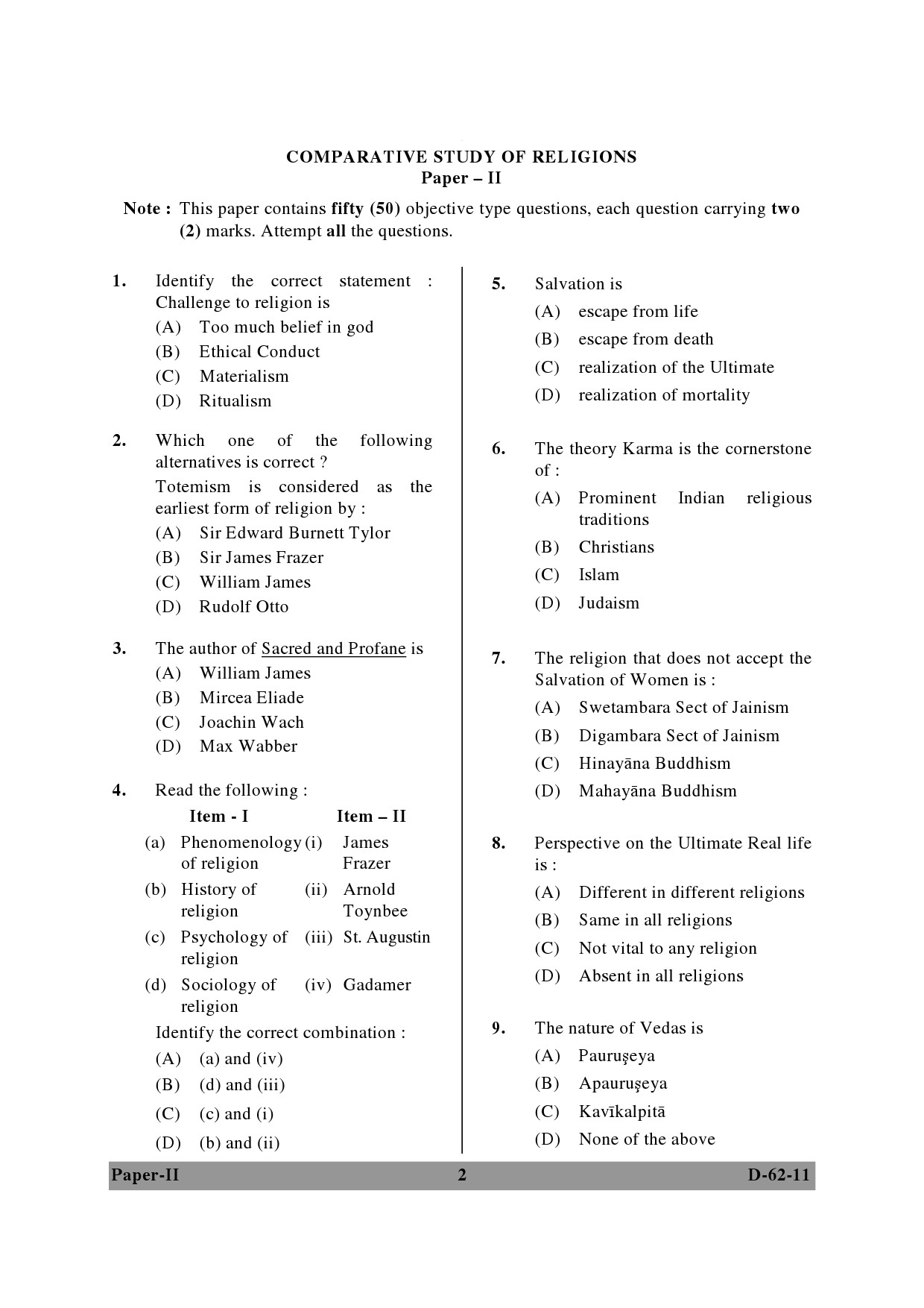 UGC NET Comparative Study of Religions Question Paper II December 2011 2