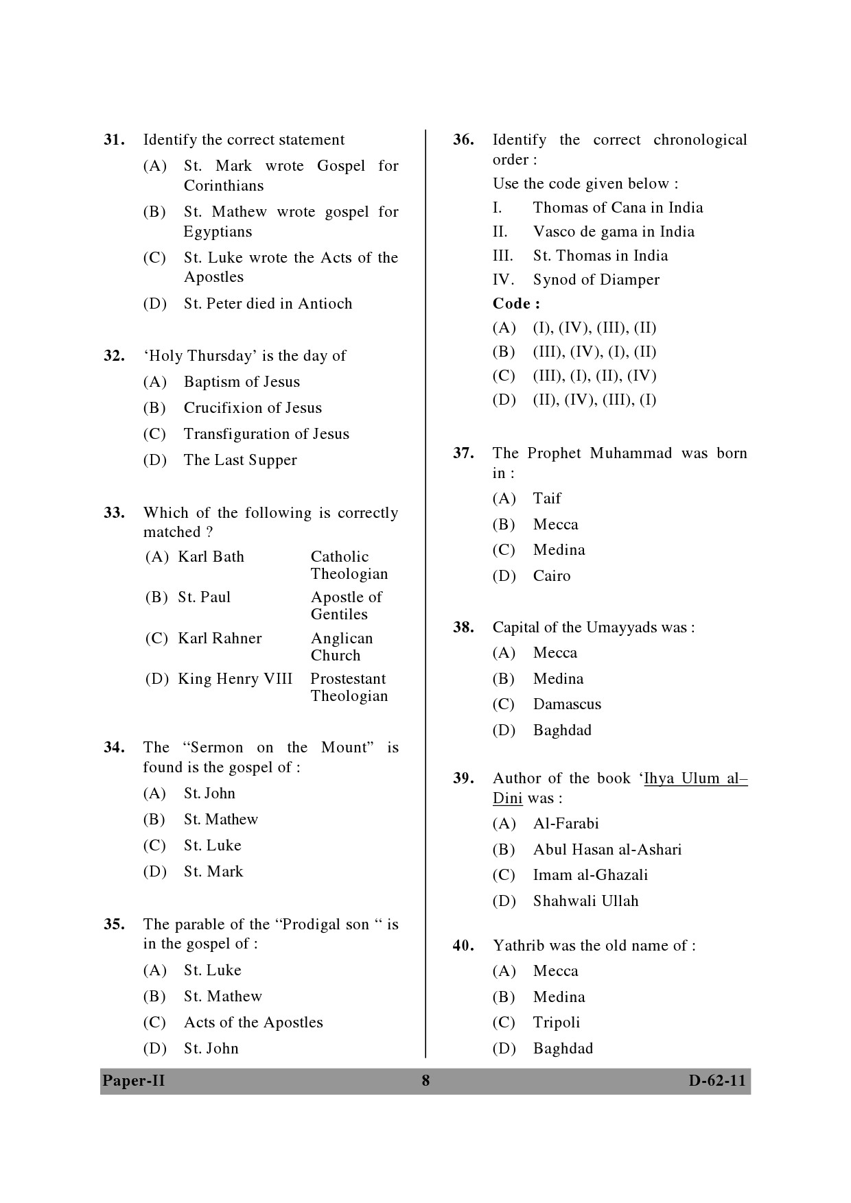 UGC NET Comparative Study of Religions Question Paper II December 2011 8