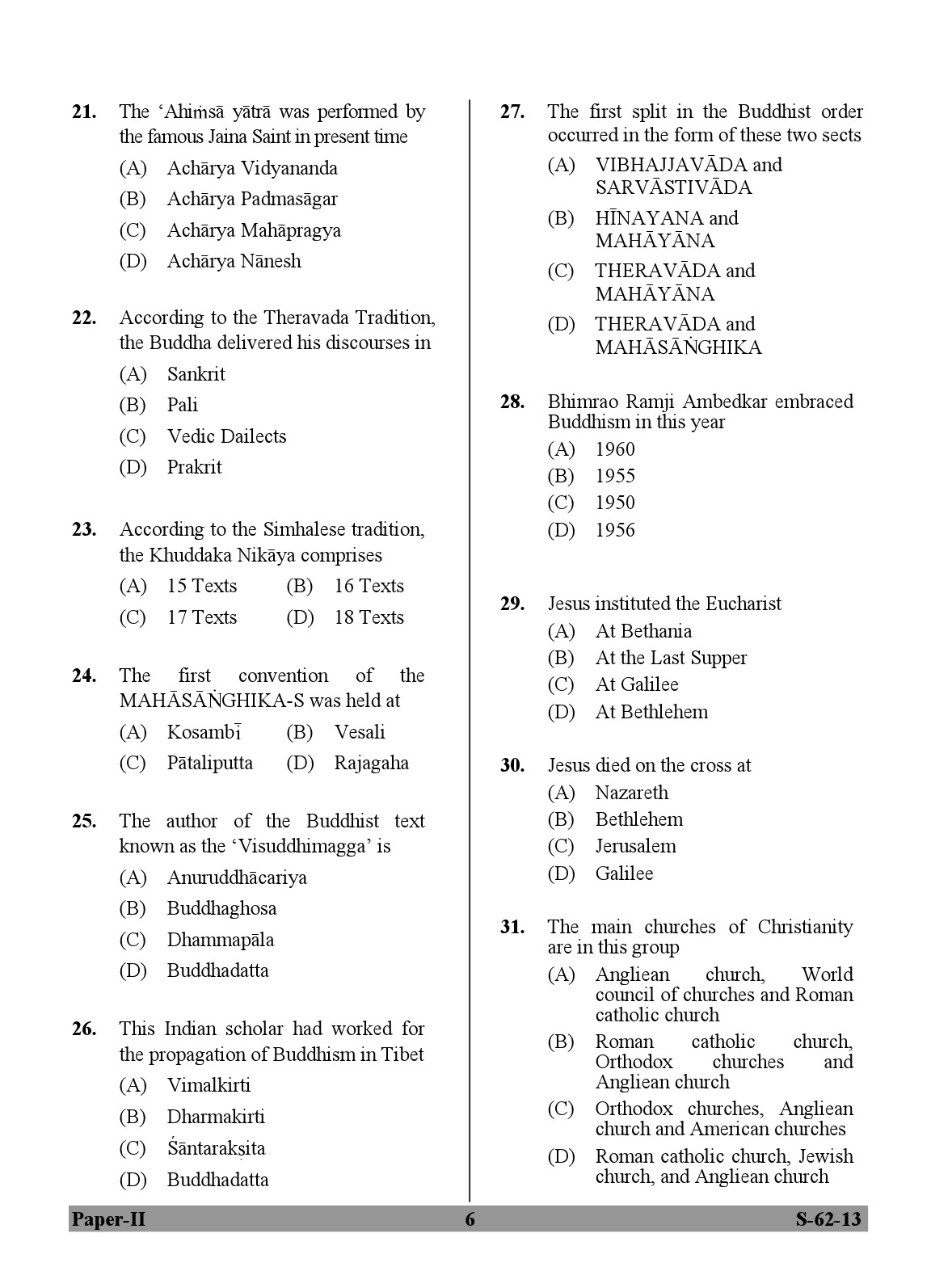 UGC NET Comparative Study of Religions Question Paper II Exam September 2013 6