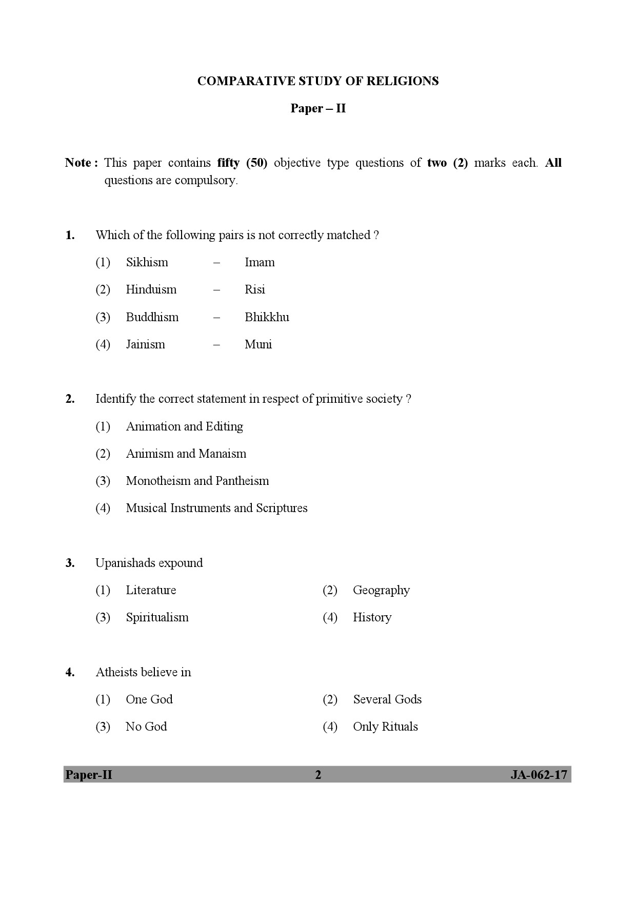 UGC NET Comparative Study of Religions Question Paper II January 2017 2