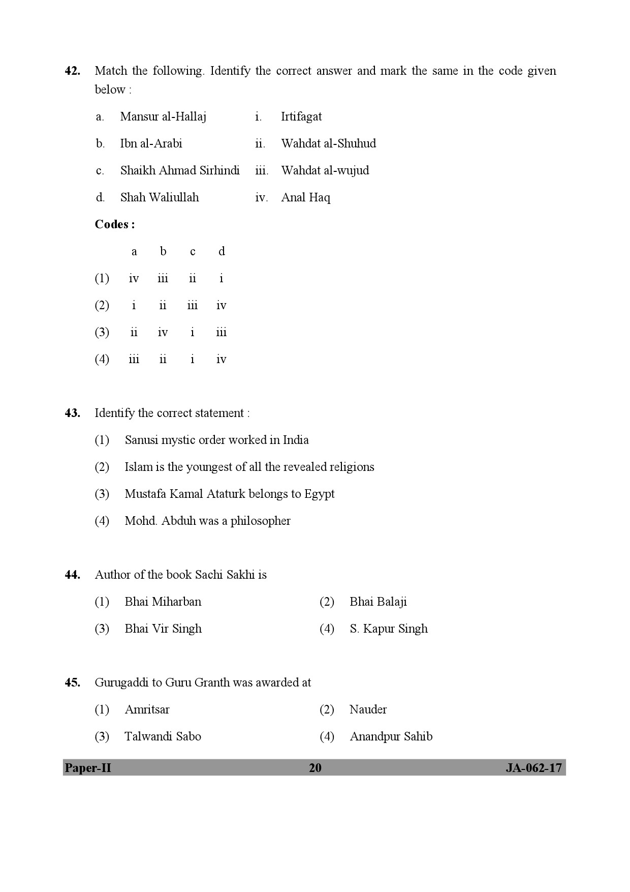 UGC NET Comparative Study of Religions Question Paper II January 2017 20