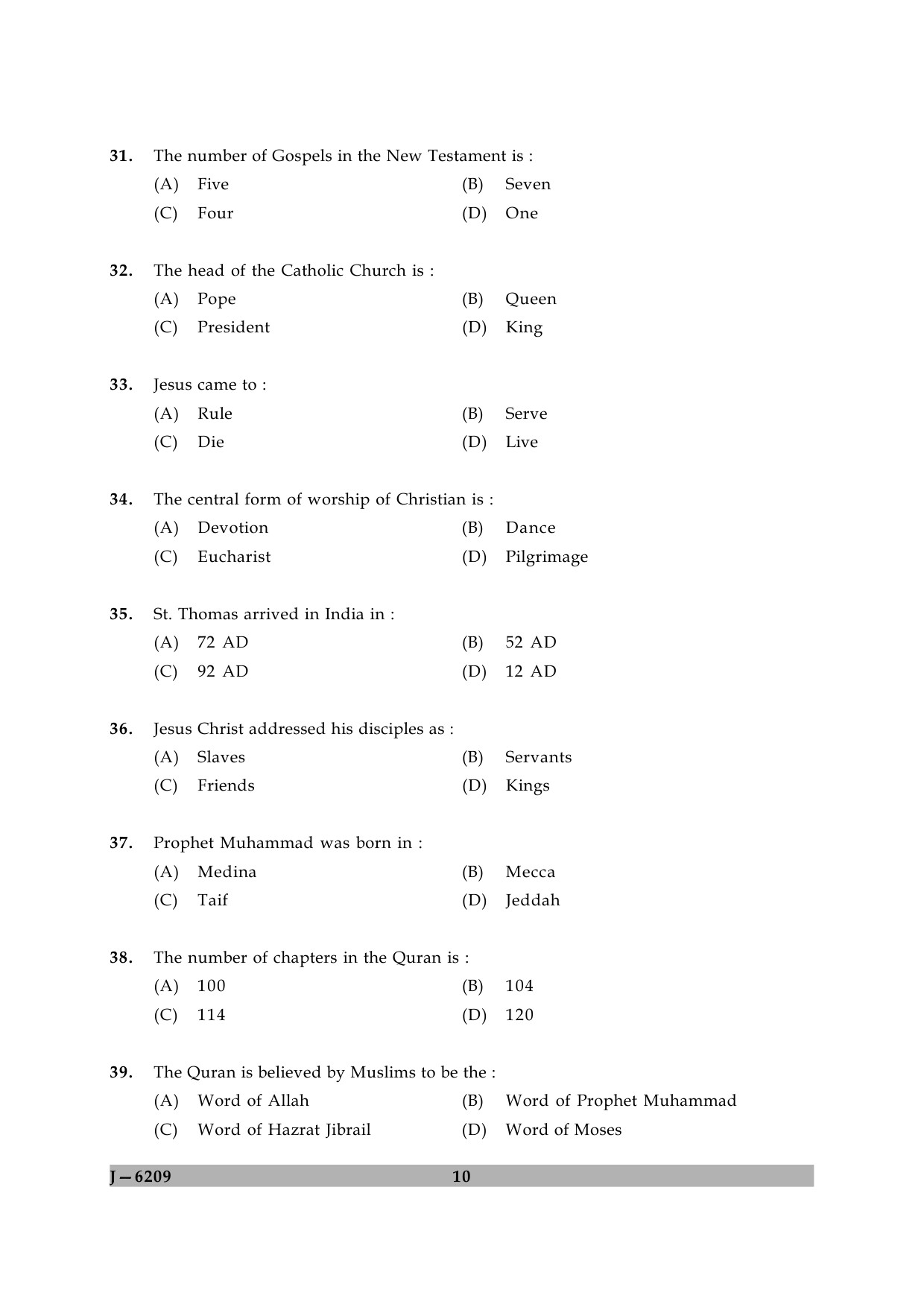 UGC NET Comparative Study of Religions Question Paper II June 2009 10