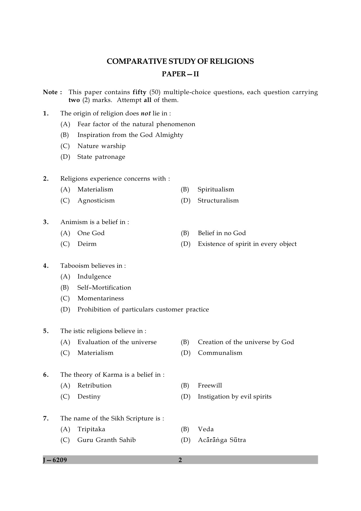 UGC NET Comparative Study of Religions Question Paper II June 2009 2