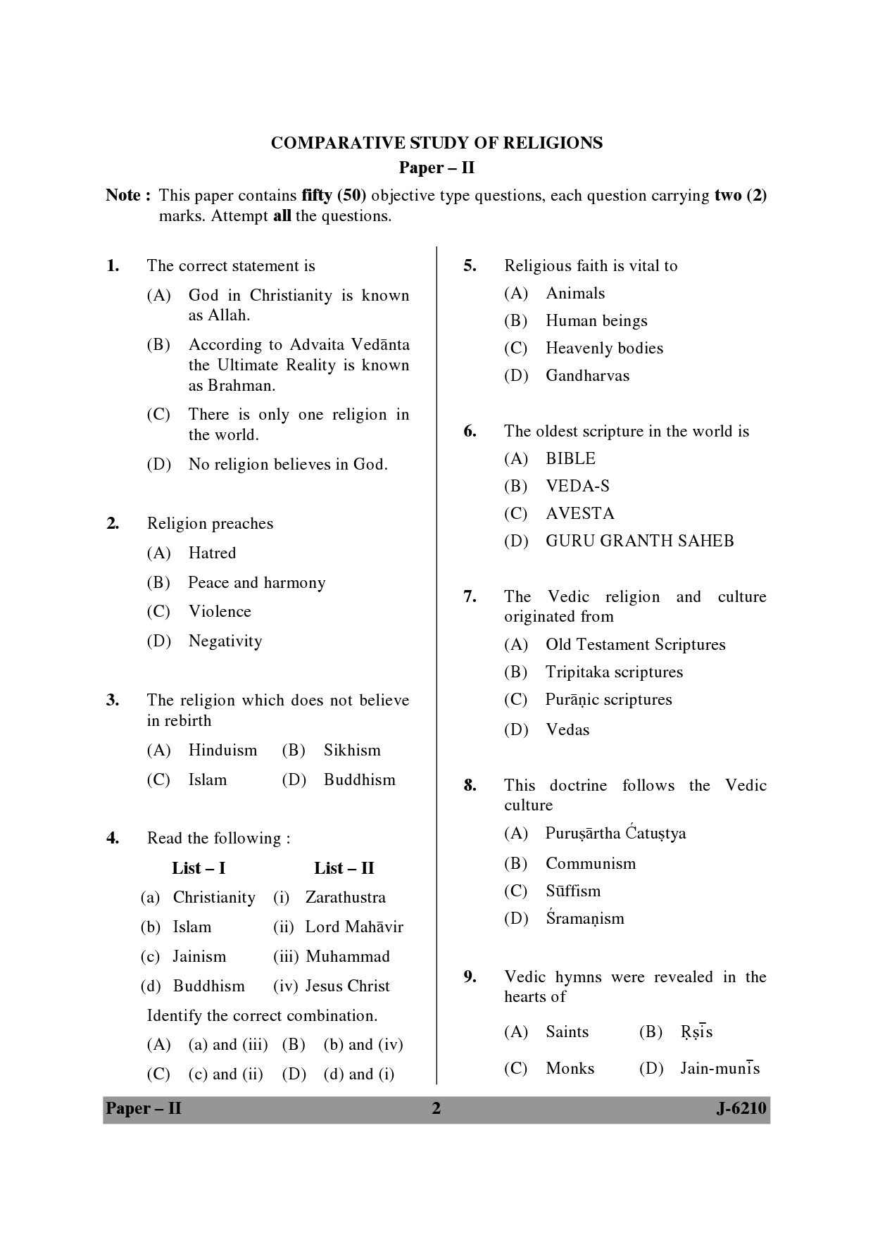 UGC NET Comparative Study of Religions Question Paper II June 2010 2