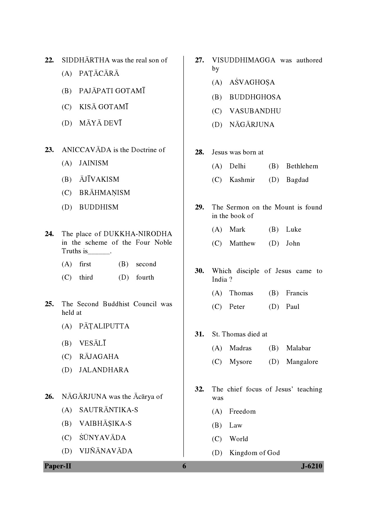 UGC NET Comparative Study of Religions Question Paper II June 2010 6