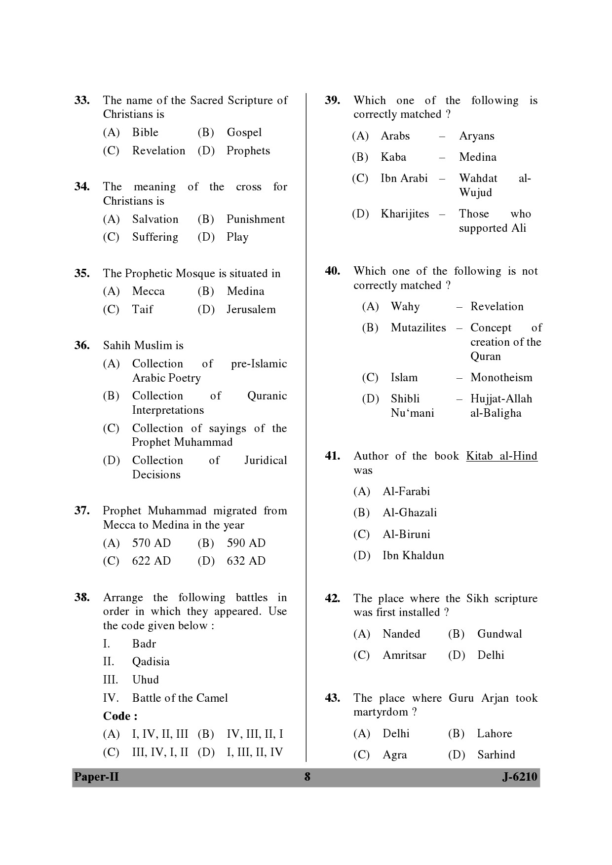 UGC NET Comparative Study of Religions Question Paper II June 2010 8