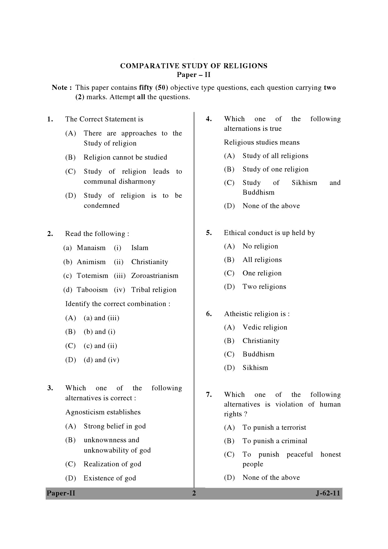 UGC NET Comparative Study of Religions Question Paper II June 2011 2