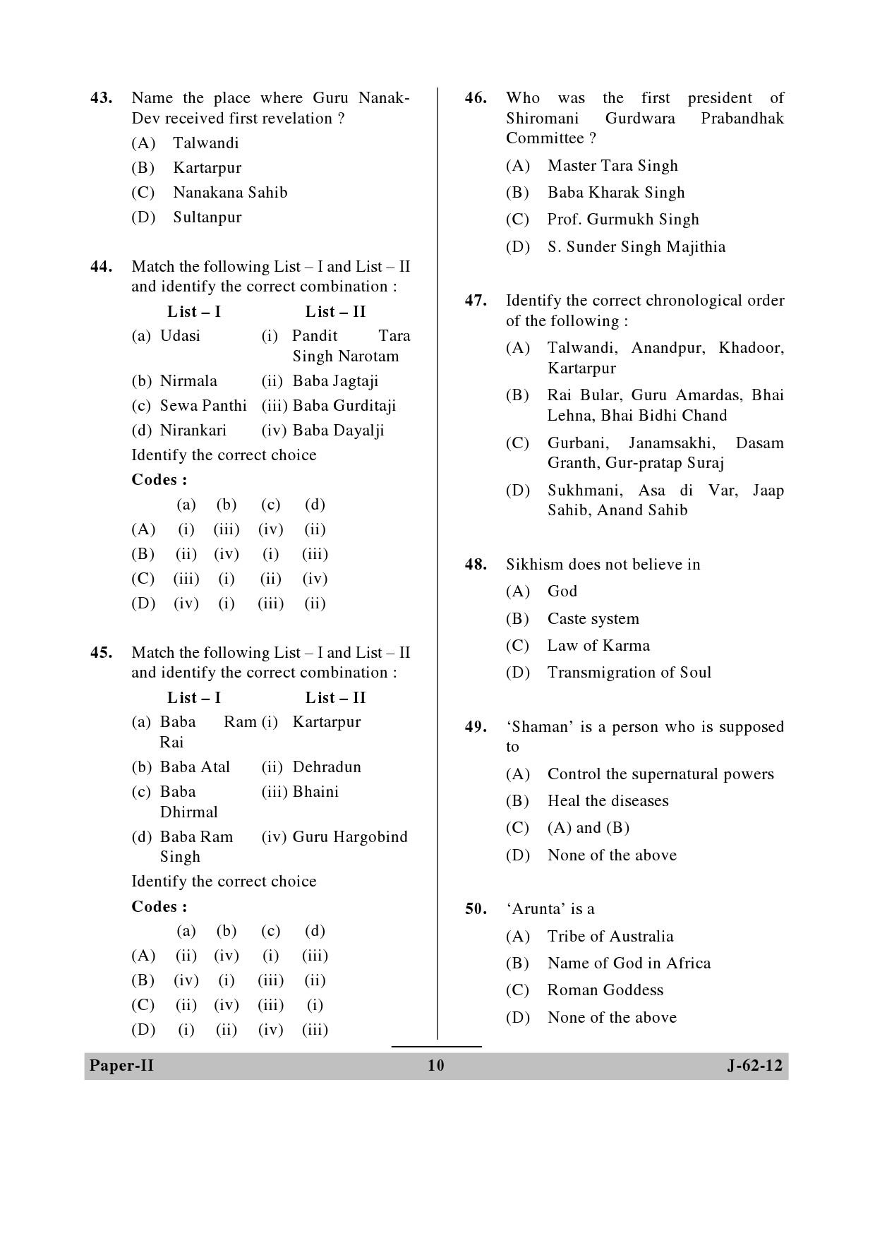 UGC NET Comparative Study of Religions Question Paper II June 2012 10