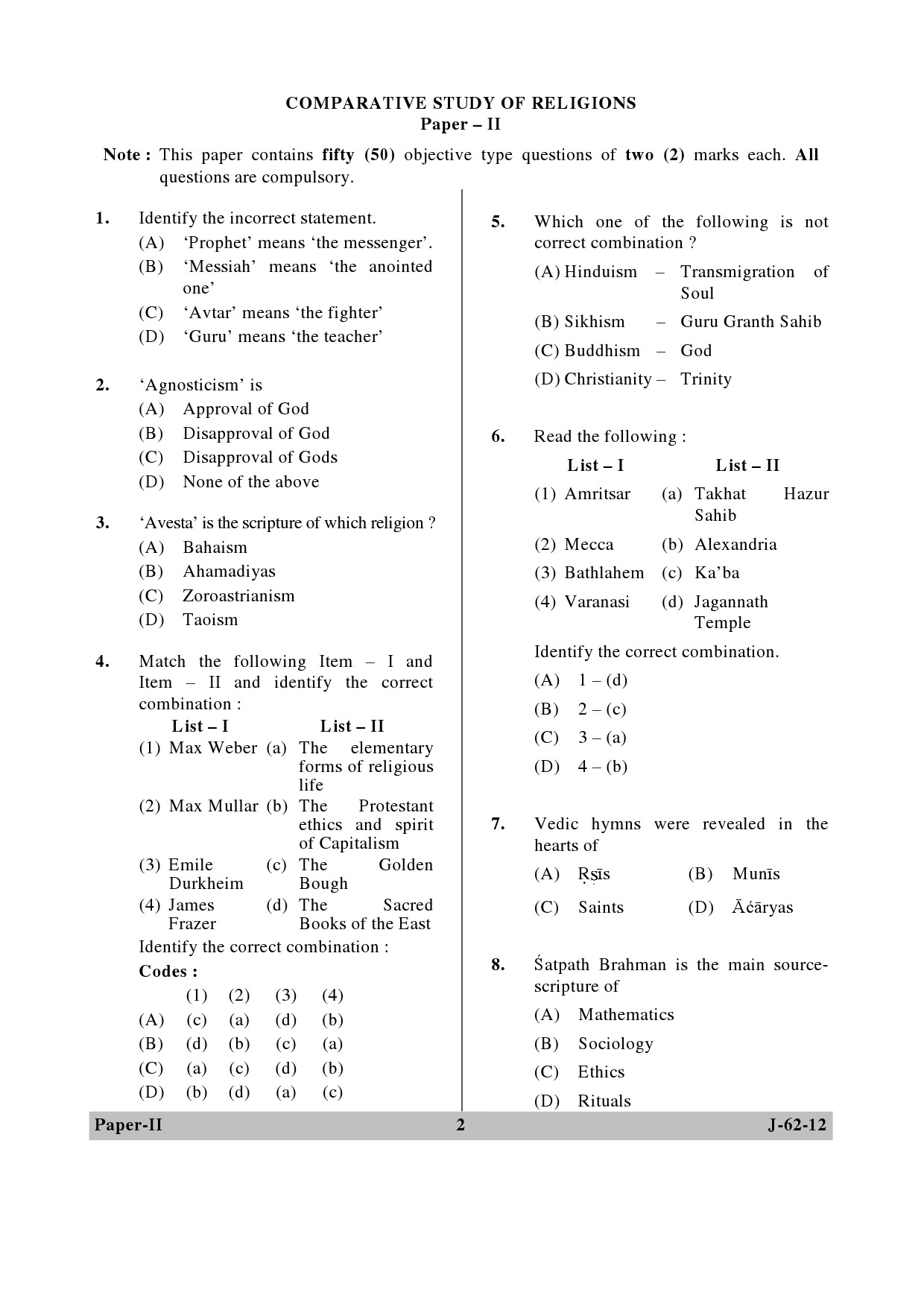 UGC NET Comparative Study of Religions Question Paper II June 2012 2