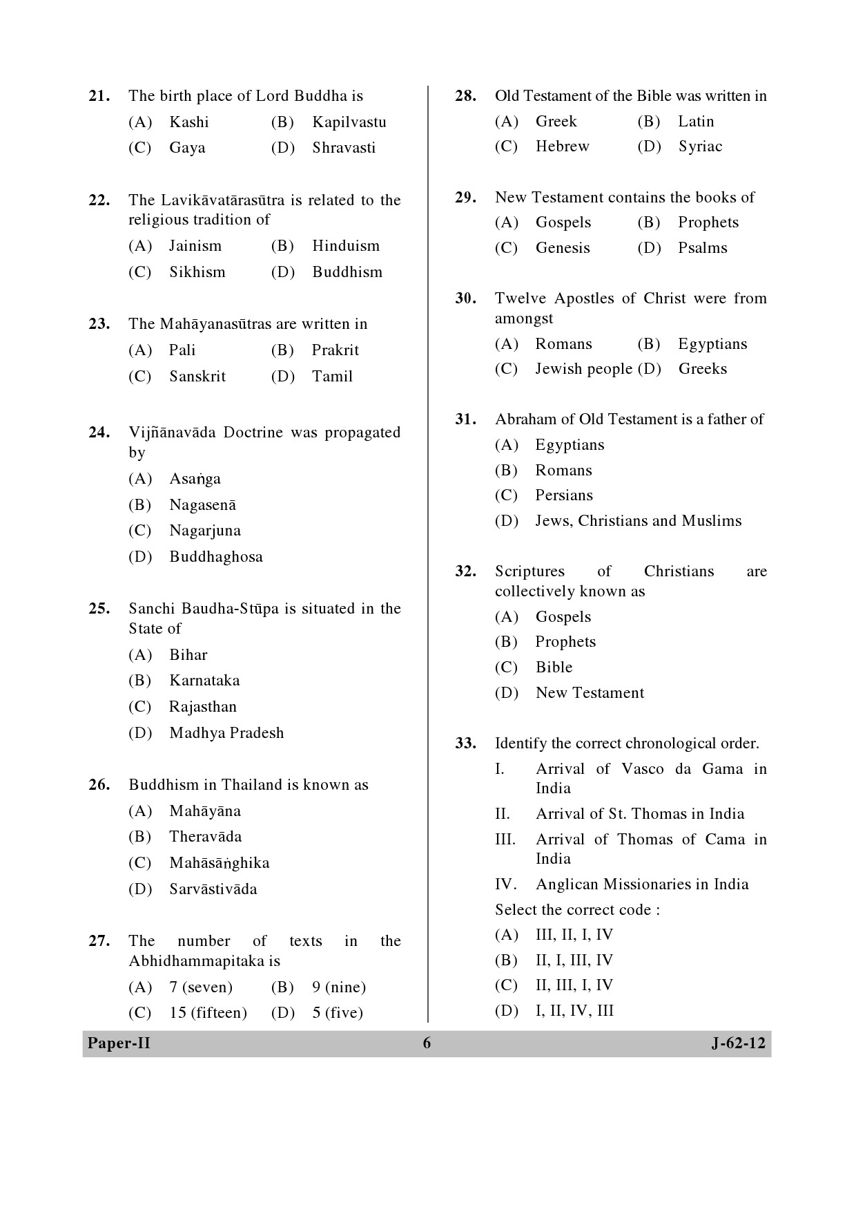 UGC NET Comparative Study of Religions Question Paper II June 2012 6