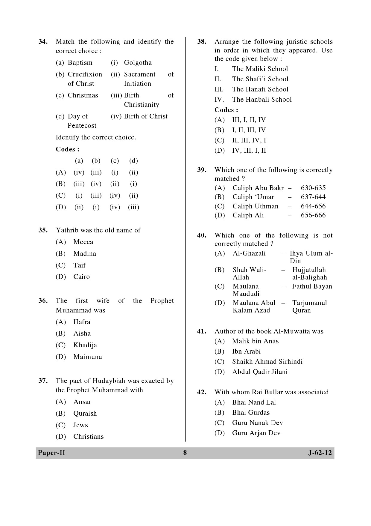 UGC NET Comparative Study of Religions Question Paper II June 2012 8